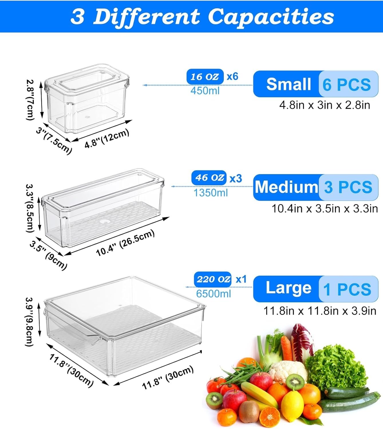 KUMD paquete de 10 Organizador Nevera, contenedores apilables con tapa, transparentes y sin BPA para guardar frutas, verduras, alimentos y bebidas.