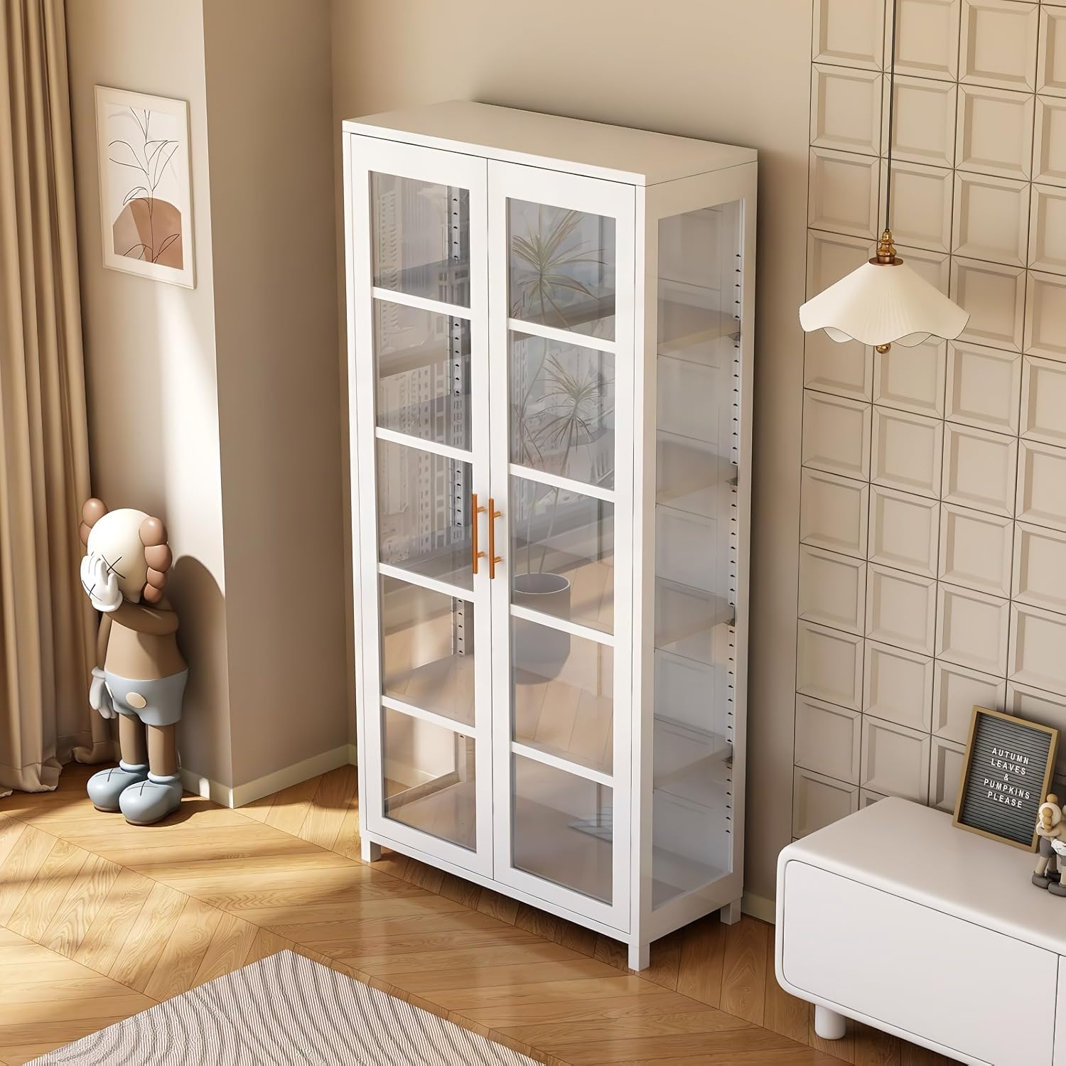 Glass Display Cabinet, 5-Tier Curio Cabinet with Glass Doors, Metal Display Case with Adjustable Shelves, Display Cabinet for Collectibles & Toy Organizer for Home, Office, Playroom, Living Room