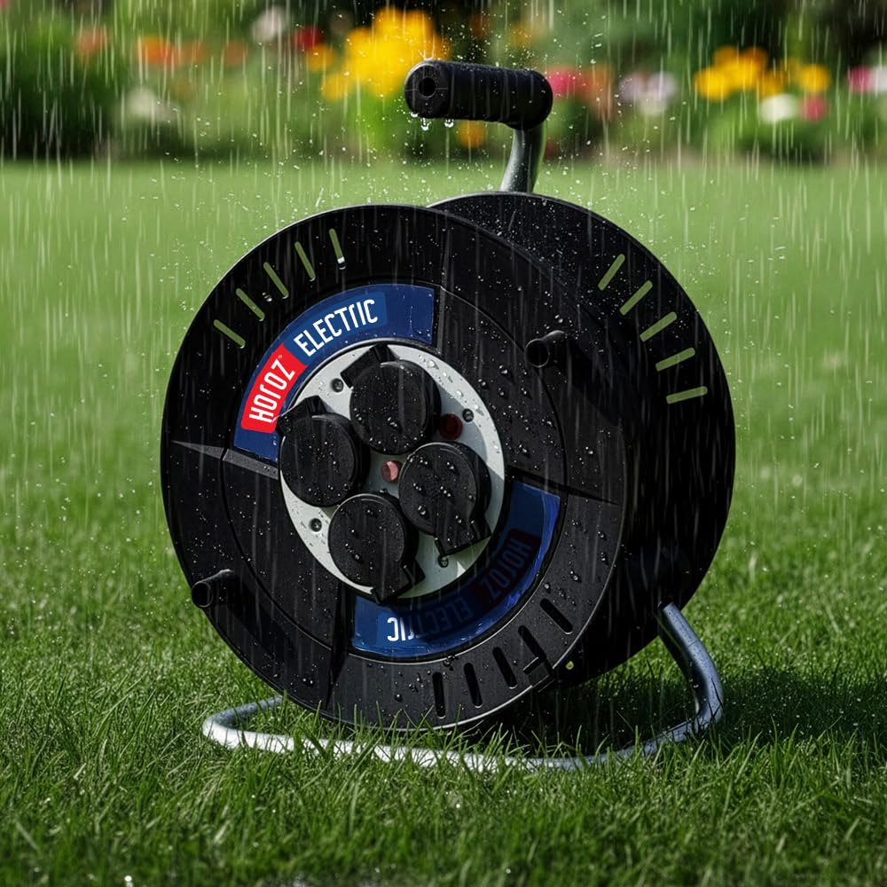 Enrouleur Électrique 20 m 4 Prises Type E avec Terre - Enrouleur Ménager et Rallonge Électrique 3×1,5 mm² 230V IP44 2000W - Enrouleur de Câble d'Exteriéur pour Jardin, Chantier, Garage- Horoz Electric