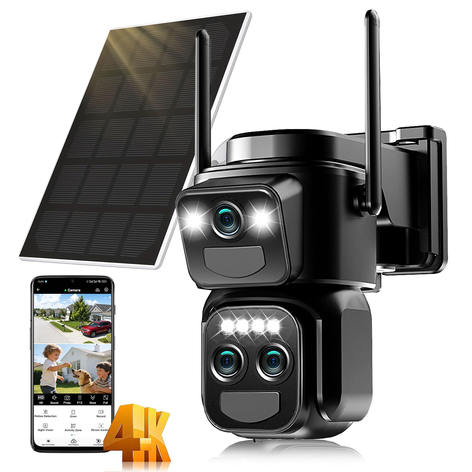 10X Triple Lente Camara Vigilancia WiFi Exterior con Panel Solar,Detección Humana PIR Doble,Visión Nocturna en Color, Audio Bidireccional,Seguimiento Automático,Sirena,IP66,2.4GHz,360°PTZ