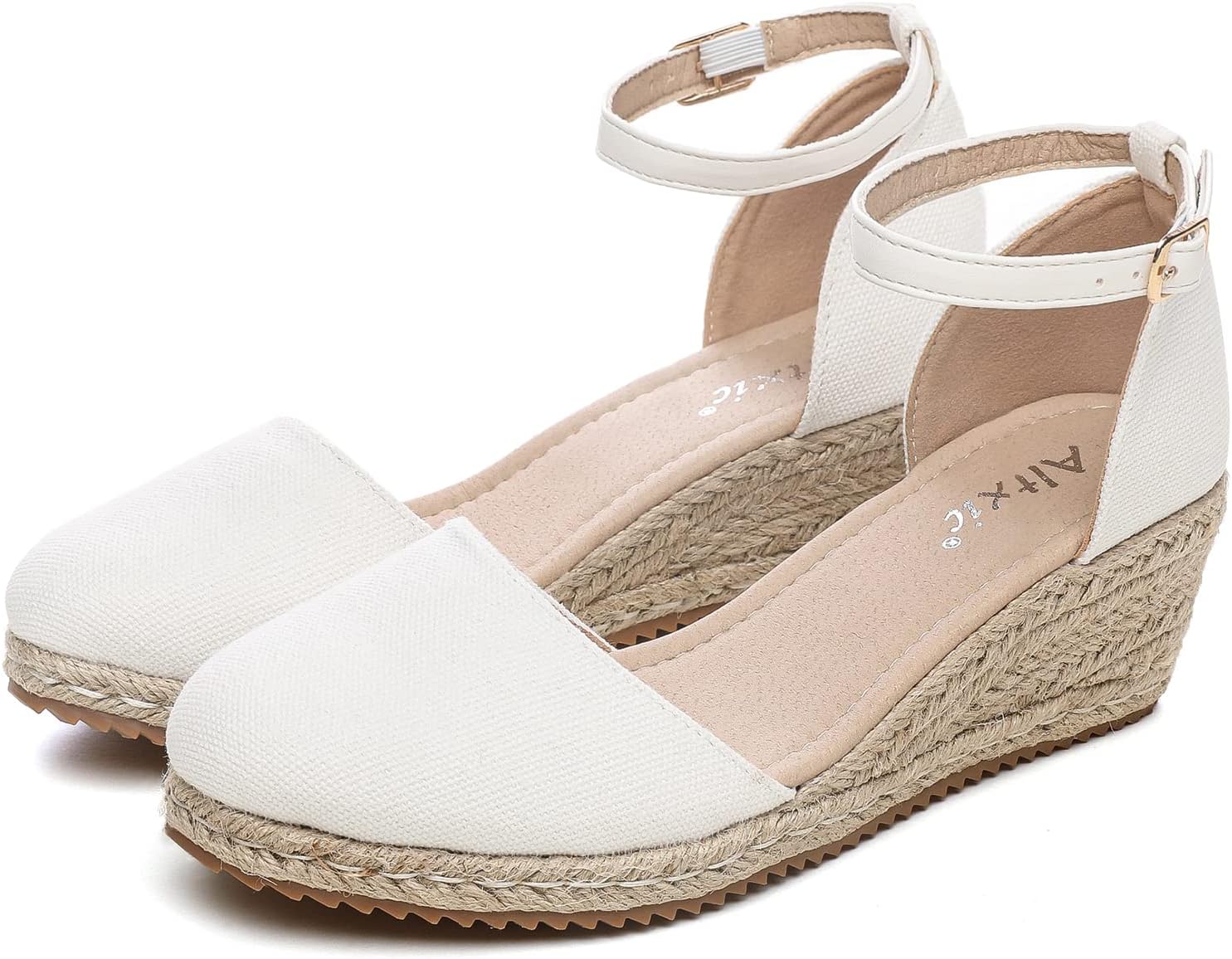 Altxic Women's Closed Toe Canvas Ankle Strap Espadrilles Wedge Sandals Size 6 US White - Image 8