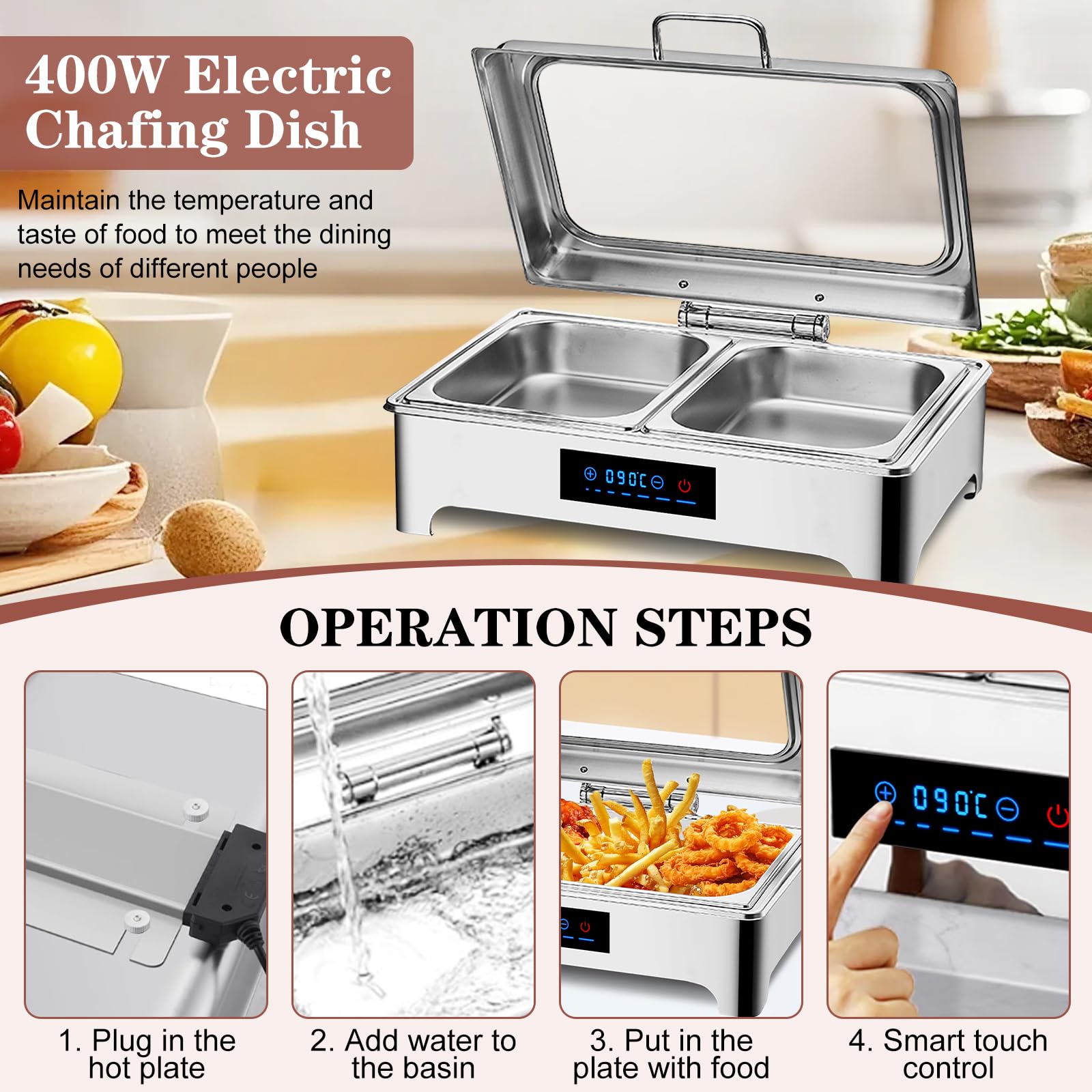 Chafing Dish Buffet Electrico, Profesional Calentador de Buffet Electrico, Food Warmer Buffet Server para Catering y Fiestas, 9L, 400W, 220V, Acero Inoxidable (1/2)
