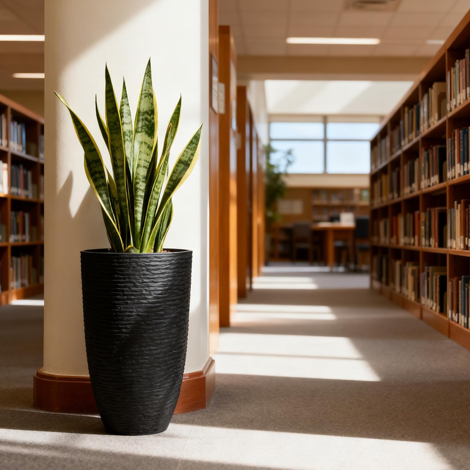 WORTH Garden 2-Pack 21" H. Black Tall Planters with Inside Pots - 14'' Dia Plastic Large Round Plant Tree Pots - Decorative Imitation Stone Finish for Indoor Outdoor Front Porch Container Patio