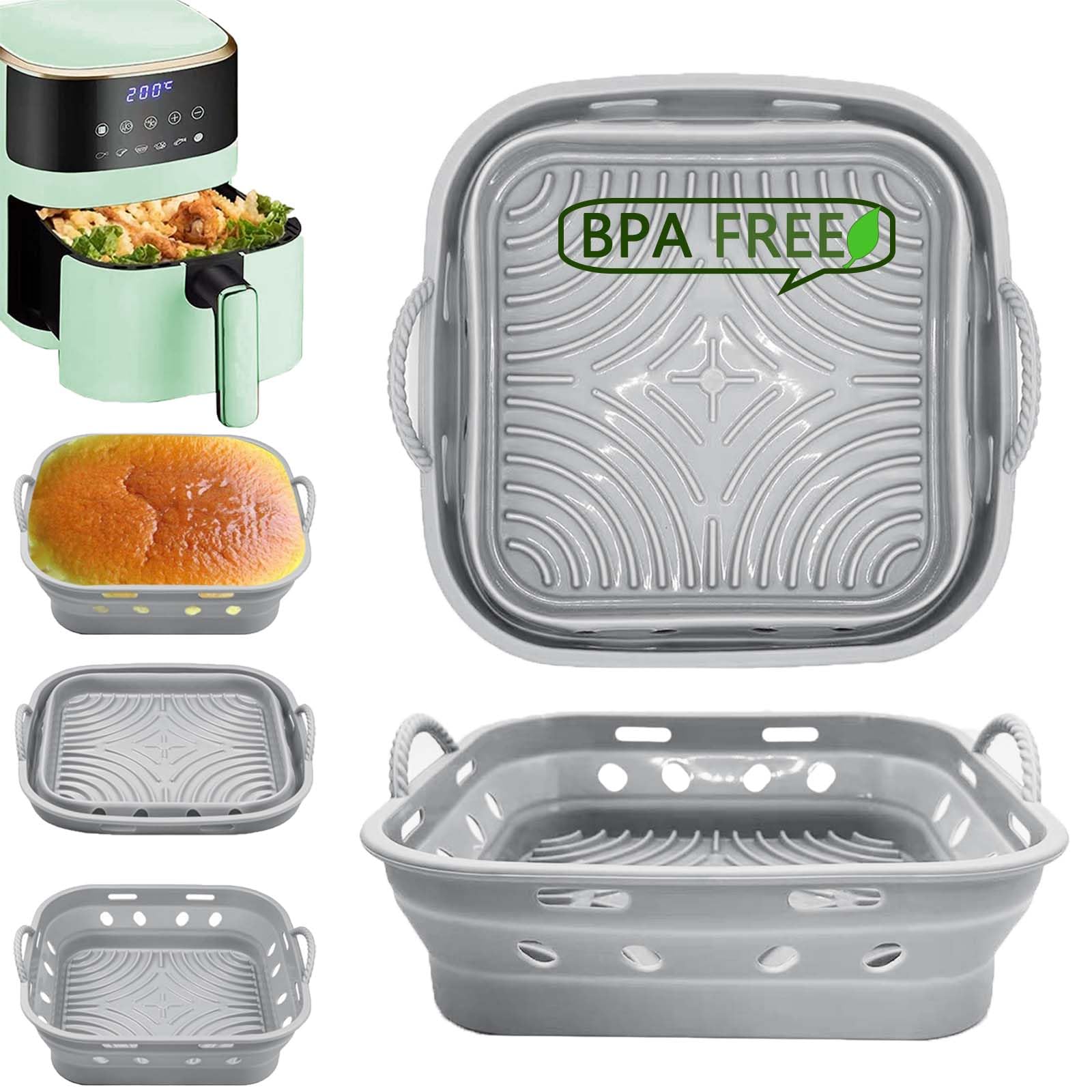 Alyvisun Teglia per Friggitrice ad Aria, 2 Pezzi Stampi Silicone Air Fryer Riutilizzabile Contenitore Teglie Friggitrice Aria Contenitori Cestello Vaschette per Airfryer, Forno, Microonde (Grigio