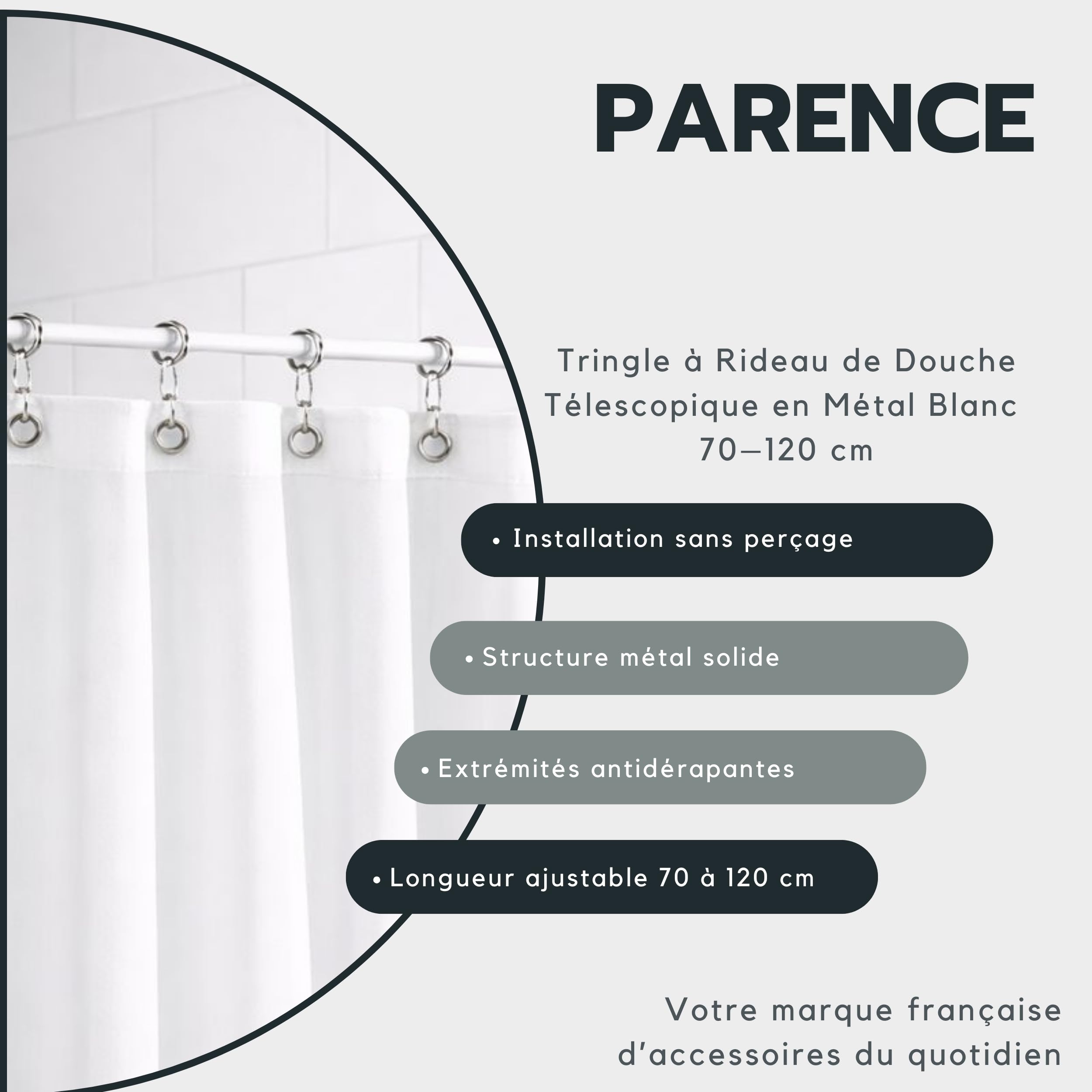 PARENCE – Varilla telescópica metálica de cortina de ducha blanca 70–120 cm – sin agujero – fijación de presión – Ø tubo 20 mm/Ø tapa final 32 mm