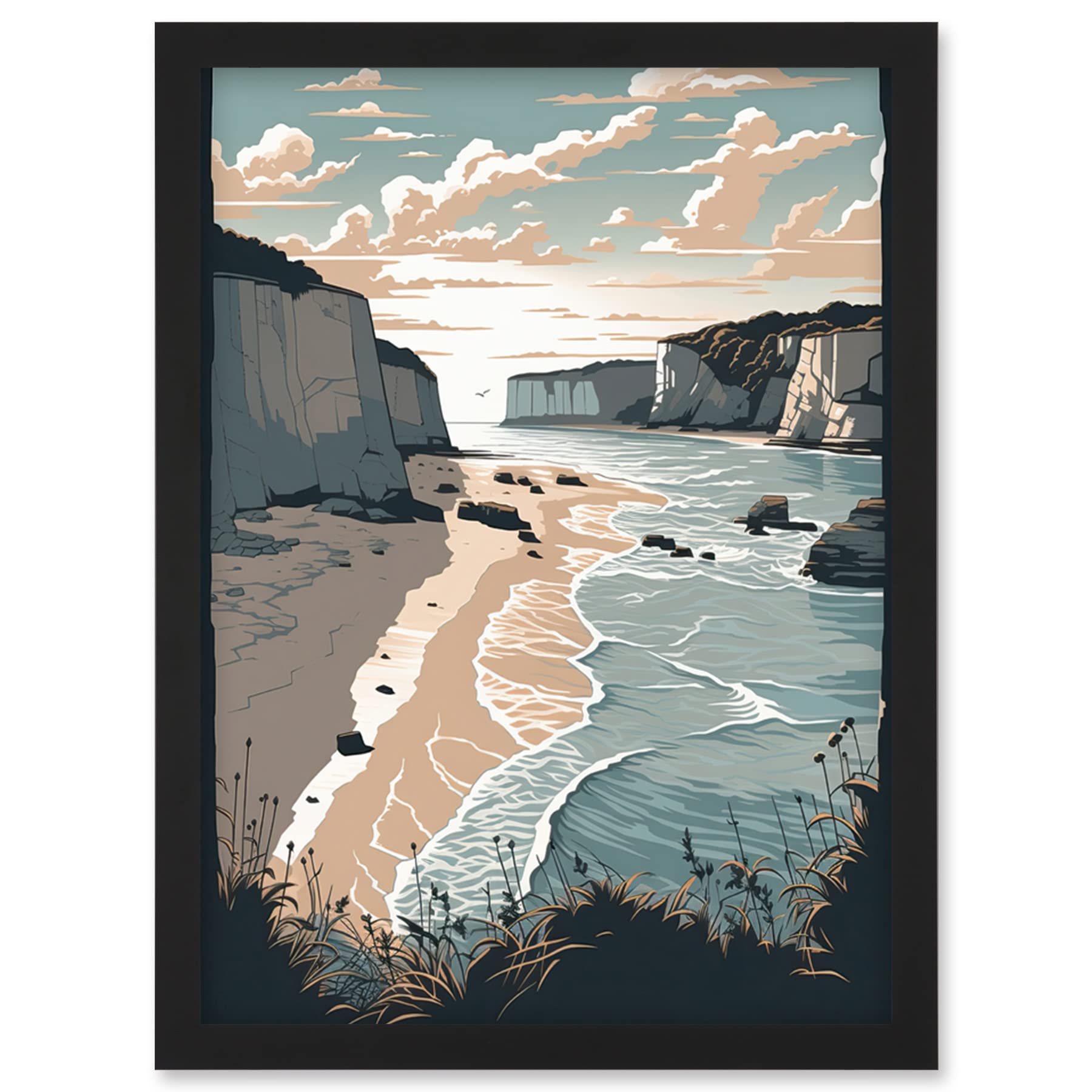 Artery8 Framed Wall Art Print - Pastel Coastal Landscape with Cliffs - A4