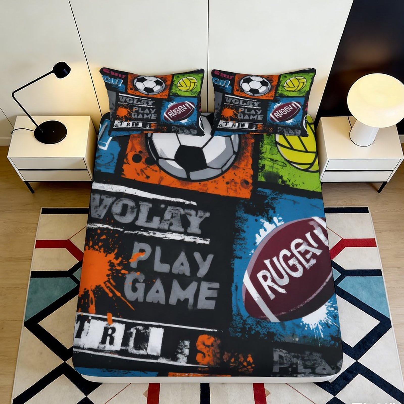 3D Printed Sports Ball Fitted Sheet Microfiber Soft Durable Volleyball Mattress Cover with Soccer Rugby Design for Bedroom Dormitory Guest Room 140x200x25cm