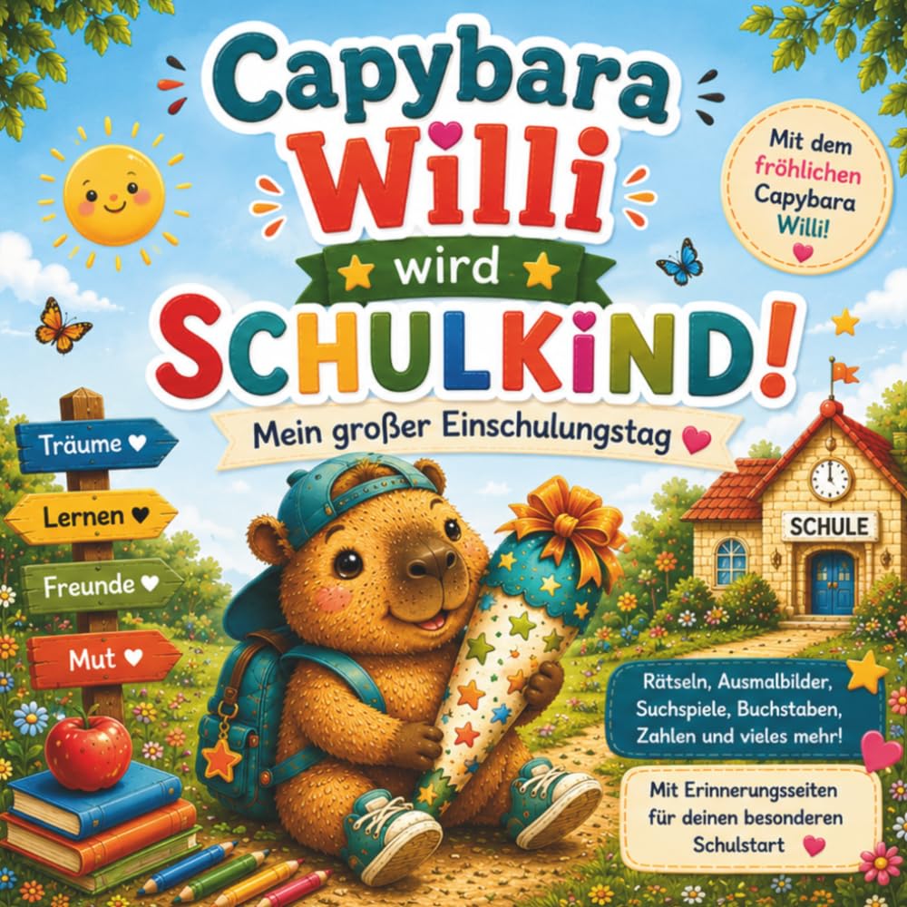 Capybara Willi wird Schulkind!: Mein großer Einschulungstag – Mit Rätseln, Ausmalbildern, Suchspielen, ersten Buchstaben, Zahlen und Erinnerungsseiten