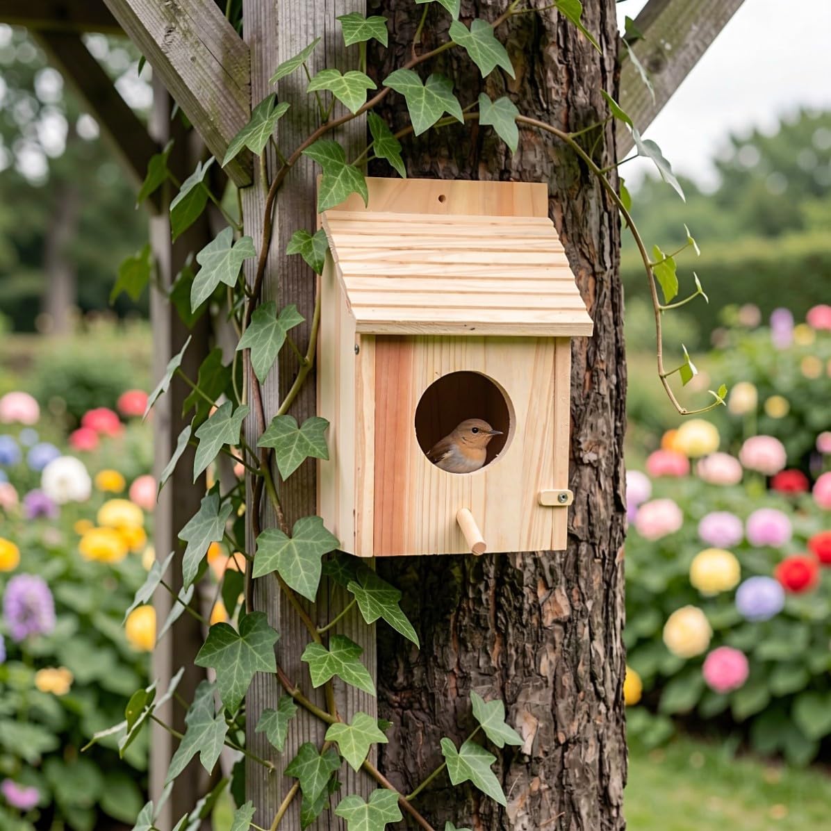 POPETPOP 2 Pièces Nichoir en Bois pour Oiseaux, Suspendu, Aéré, Beige,