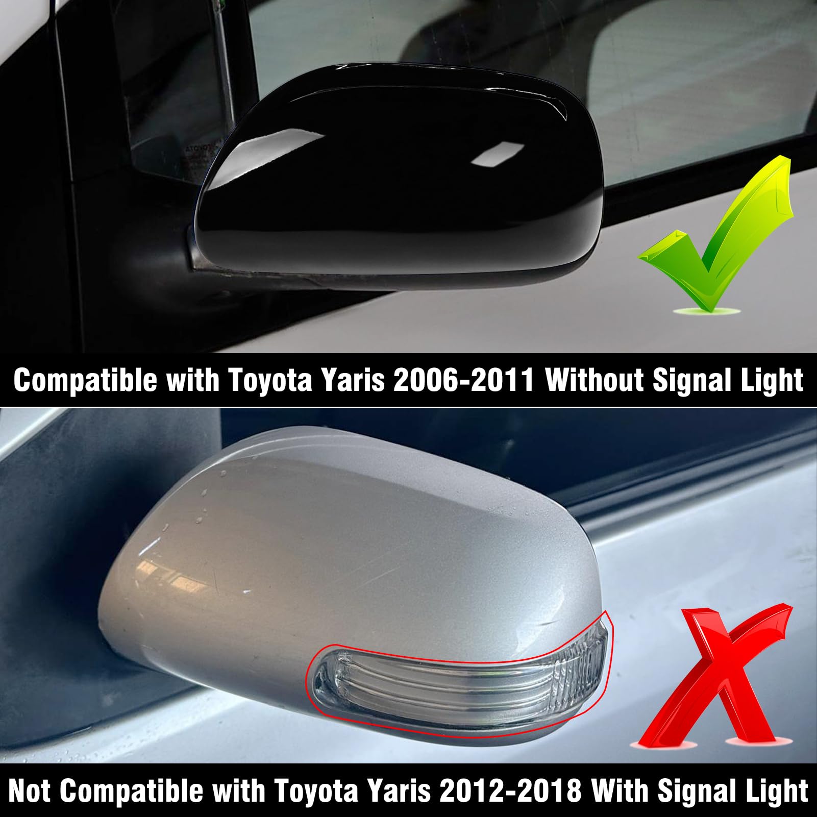 TTCR-II 2PCS Compatible con Retrovisor Cubierta Toyota Yaris 2006 2007 2008 2009 2010 2011, Izquierdo + Derecha Espejo Cubierta Yaris 2008 Espejo Tapa Reemplazo Yaris 2010-Negro