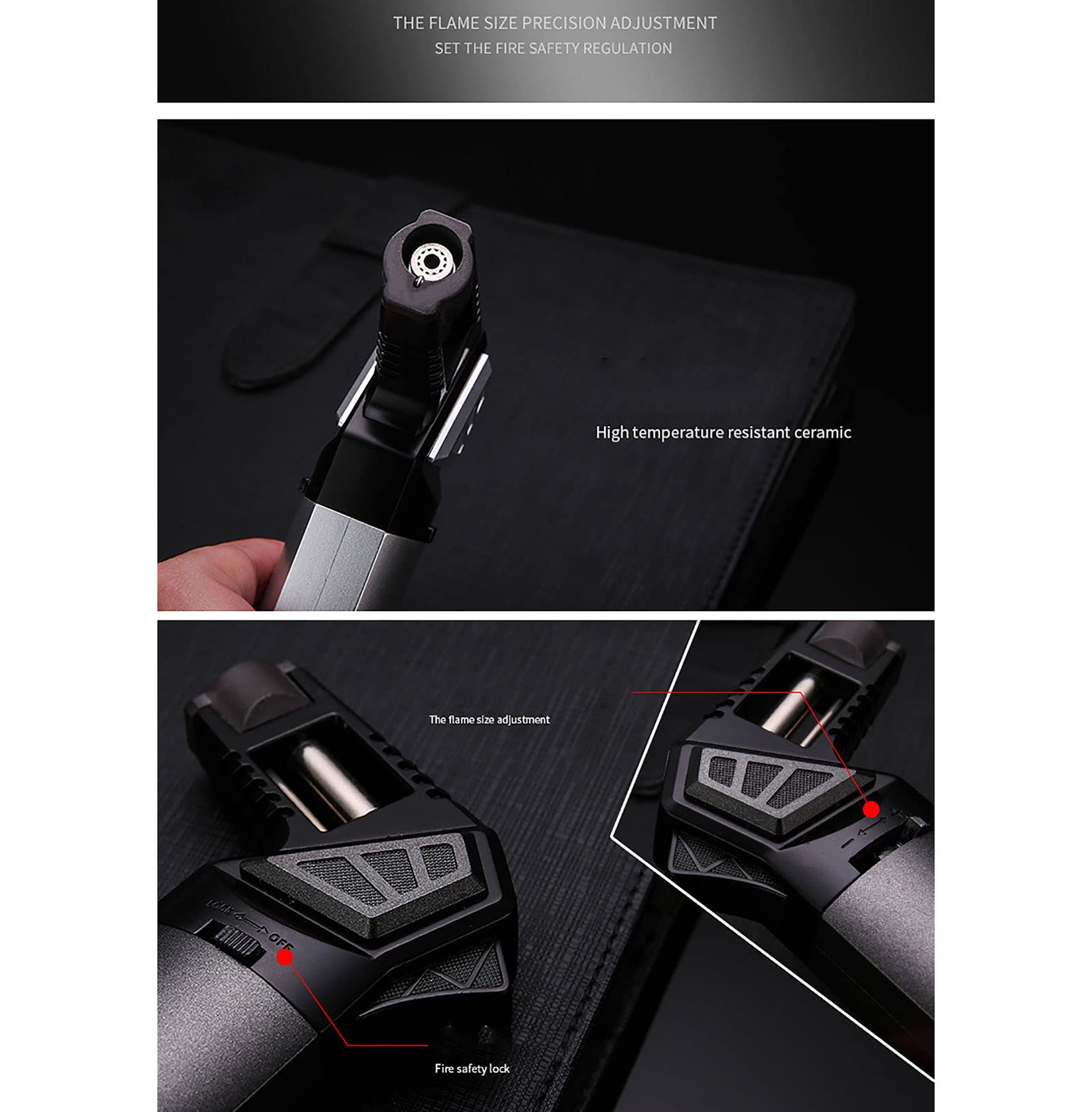 Encendedor de Cigarros Jet Torch Encendedor de Butano Recargable Diseño a Prueba de Viento Push-to-Ignite para Cigar Grill BBQ Camping,Silver,12 * 7.2cm