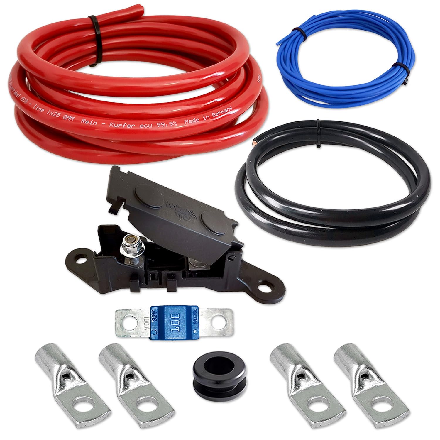 Kabelset CK-PRO-25-6 12 V 24 V bis 32 V | 5 m rot + 1 m schwarz 25 mm² Vollkupfer | 100 A Midi-Sicherung | Car-HiFi Zweitbatterie