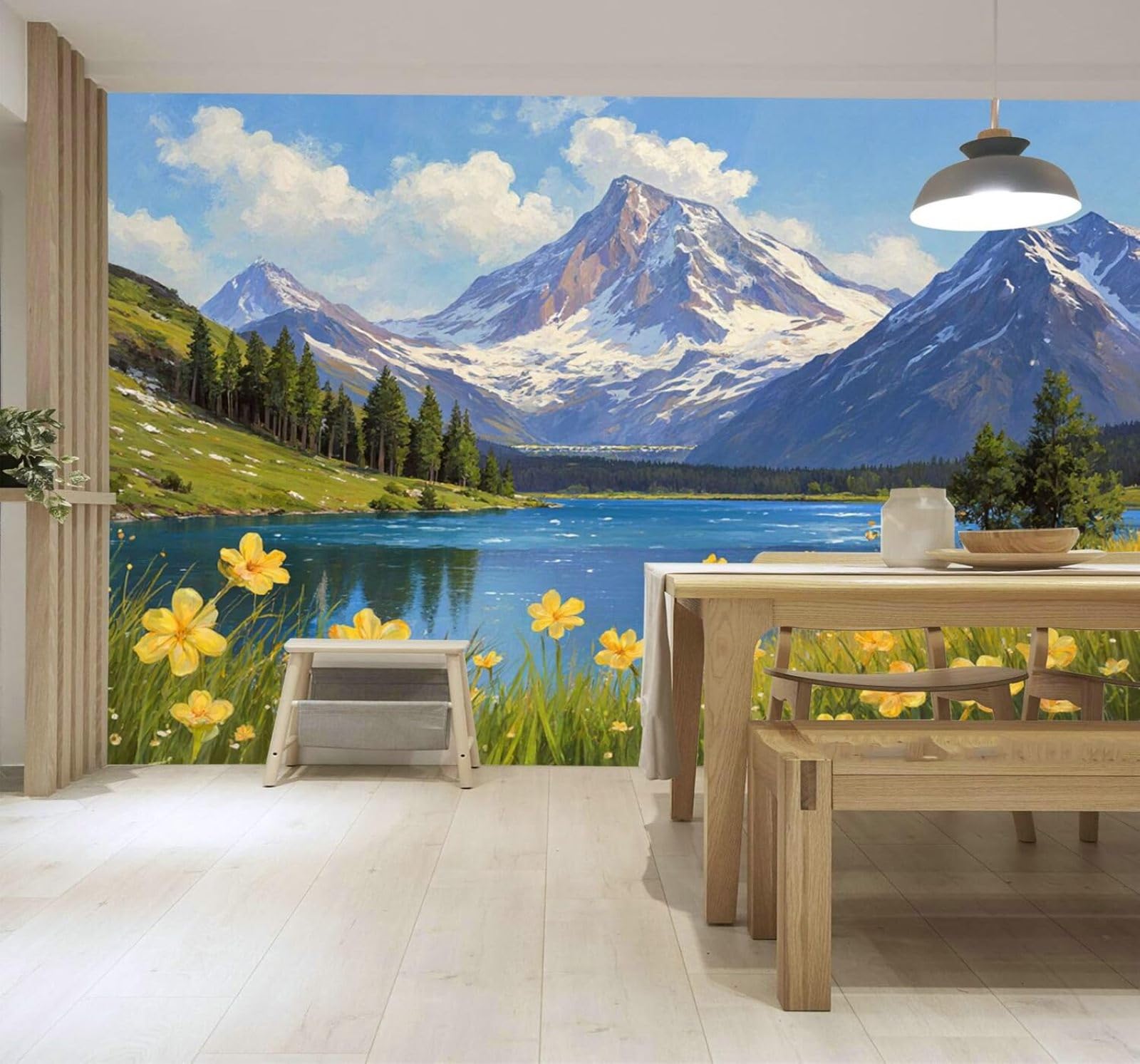 XLMING Snow Capped Mountains Lakes Pine Forests Yellow Wildflowers 3D Wallpaper Silky Texture Home Study Office Grey Dining Room Sofa Bedroom Living Room TV Backdrop-400cm×280cm