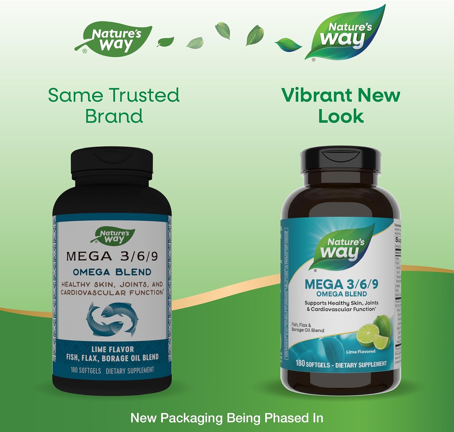 Nature’s Way Mega 3/6/9 Omega Blend, Supports Healthy Skin, Joints, Cardiovascular Function*, Fish, Flax, Borage Oil, 180 Lime Flavored Softgels (Packaging May Vary)
