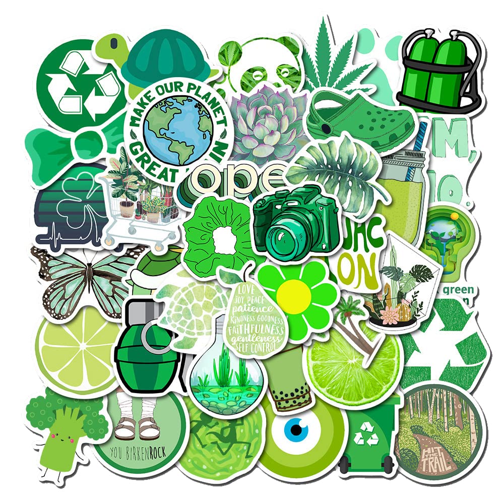 Girl's Colorful Aesthetic Stickers - Waterproof Cute Stickers 50 PCS for Water Bottle, Laptop, Phone - Teens & Kids (Green)