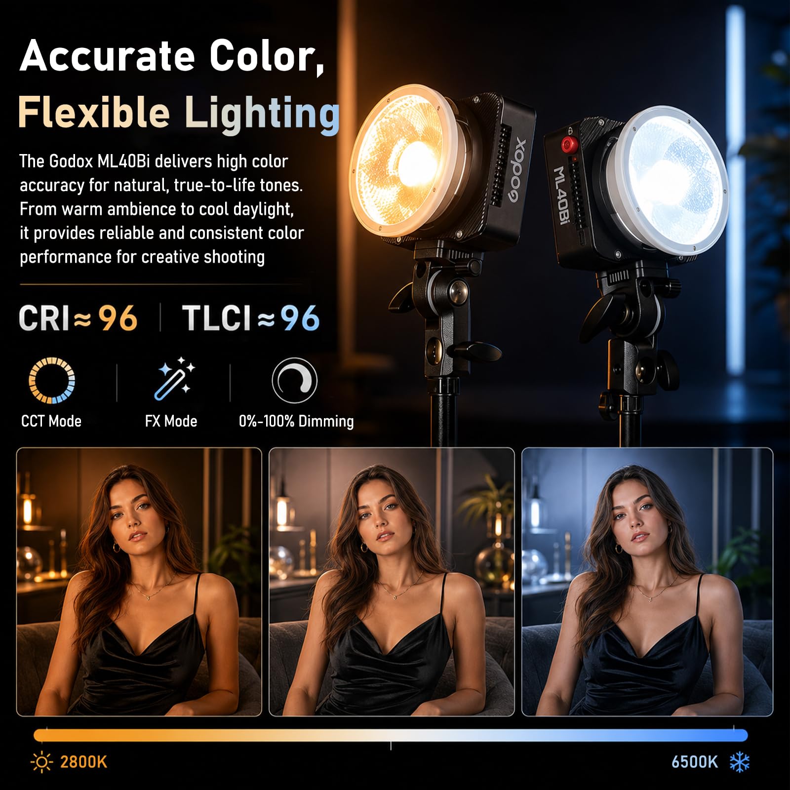 Godox ML40Bi Luz de vídeo LED Bi-Color Portátil Video Light CRI/TLCI≈96