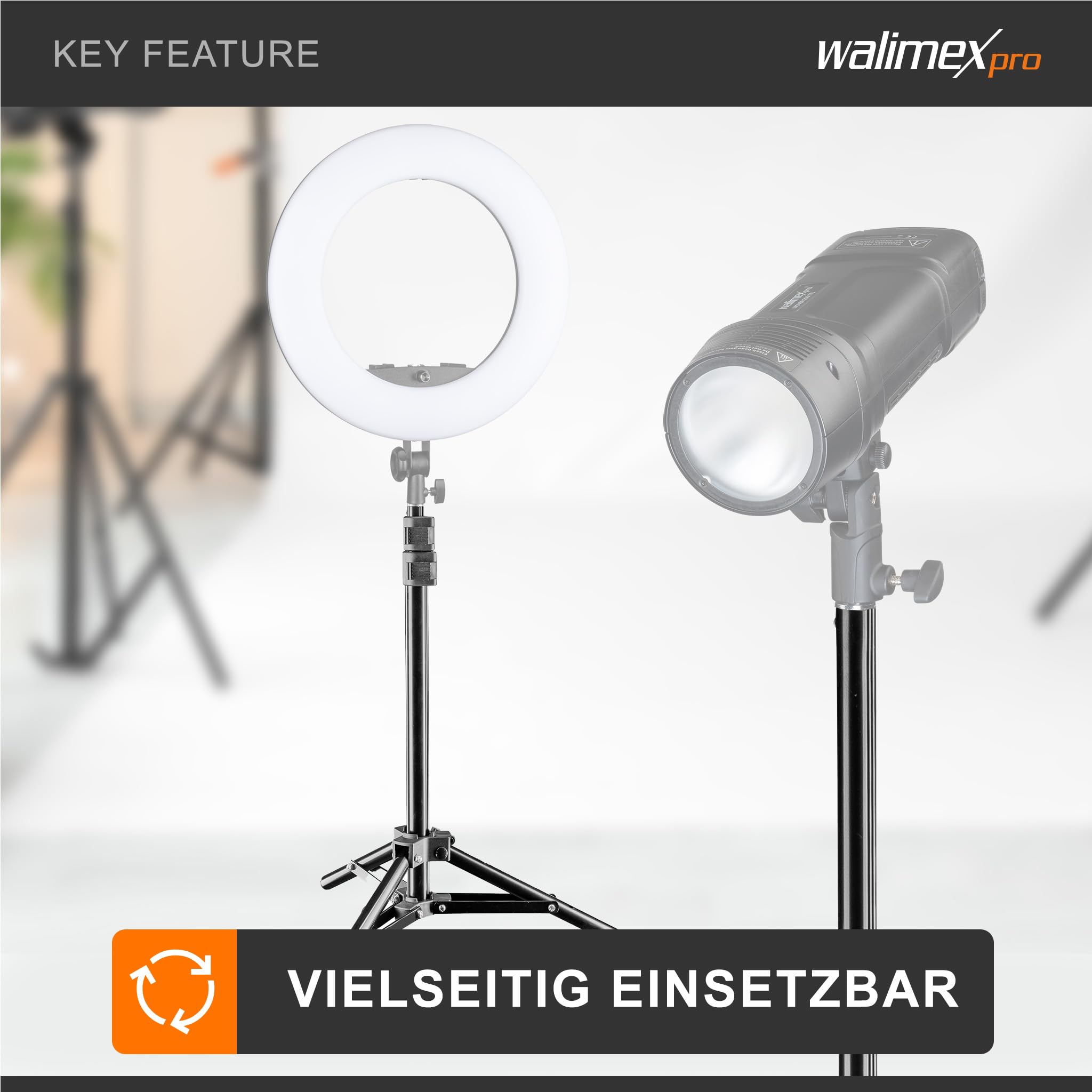 Walimex WT-802 Lampenstativ 108 cm, höhenverstellbares Lichtstativ belastbar bis 2,5 kg, Studiostativ mit 5/8 Zoll Spigot, Blitzstativ mit 1/4 und 3/8 Zoll Gewinde