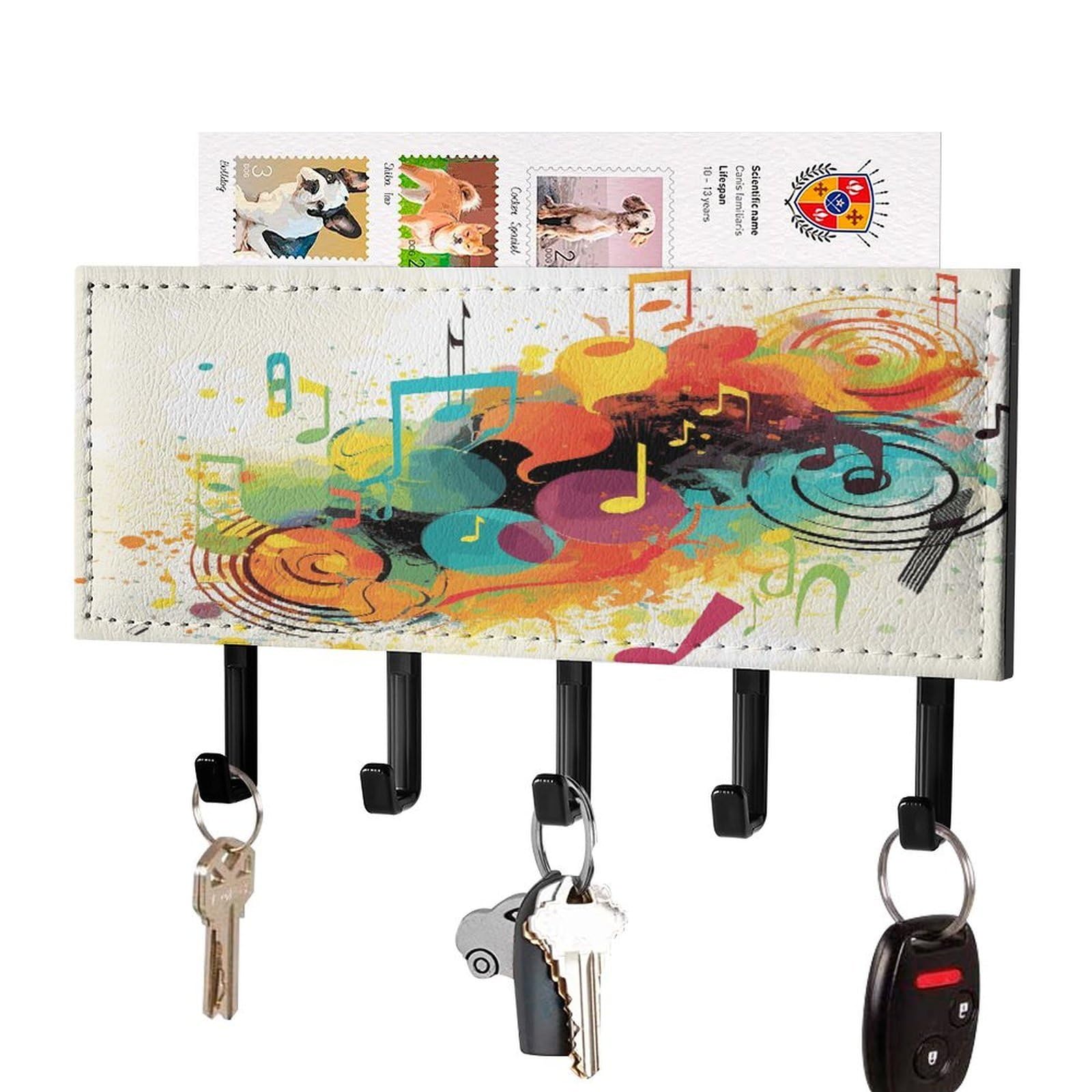 FekiLoot Abstract Music Themed Key Holder Wall Mount Key and Mail Holder Key Hanger with 5 Hooks Decorative PU Key Rack Hanging Key Hooks for Wall Living Room Kitchen Bathroom Hallway Black-Style