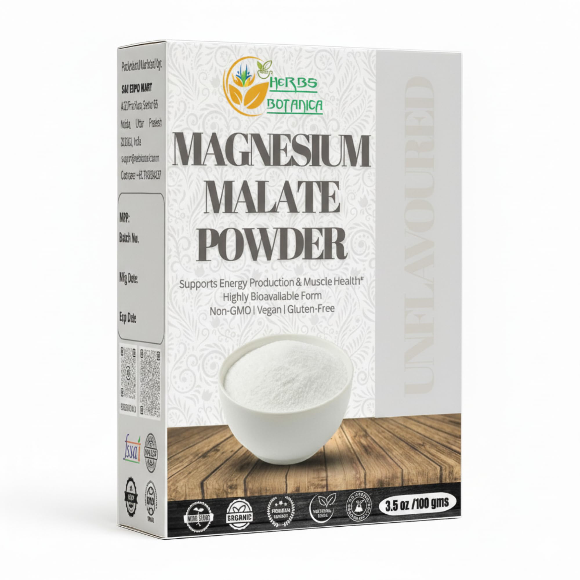 Herbs Botanica Magnesium Malate Powder 3.5 oz (100g) – Pure Food Grade Elemental Magnesium – High Solubility Malic Acid Bound Mineral – Unflavored Powder for Smoothies & Beverages – Vegan, Non-GMO
