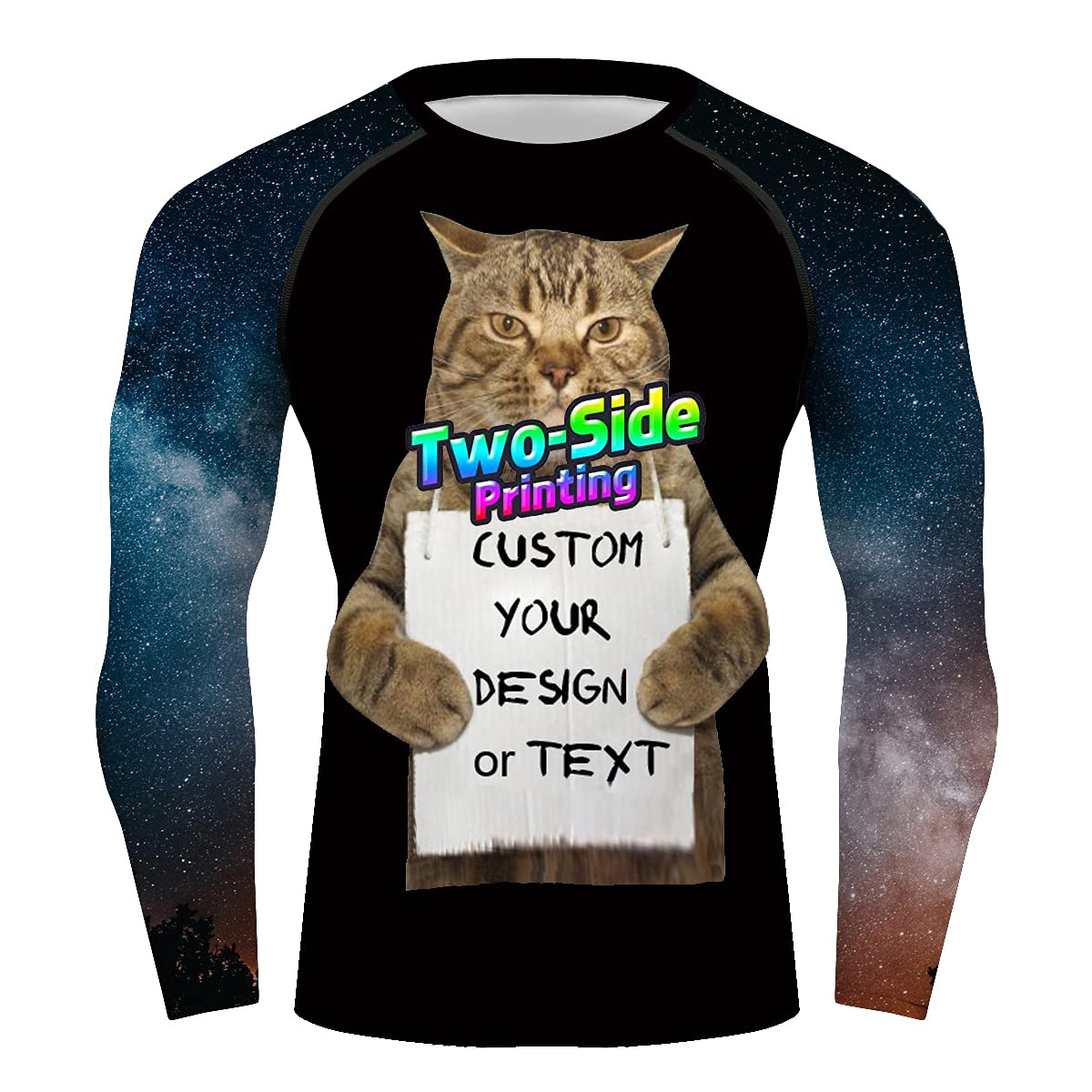 Add Your Own Image/Text Long Sleeve Compression Shirt Custom Your Own Design Workout Tee Front and Back Galaxy