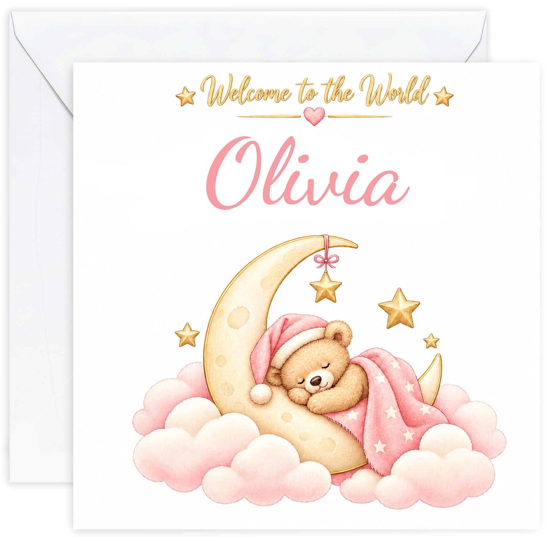 Personalised New Baby Girl Card with Name | Newborn Congratulations Card | Welcome to the World | Daughter Granddaughter Niece Goddaughter (Design 03)