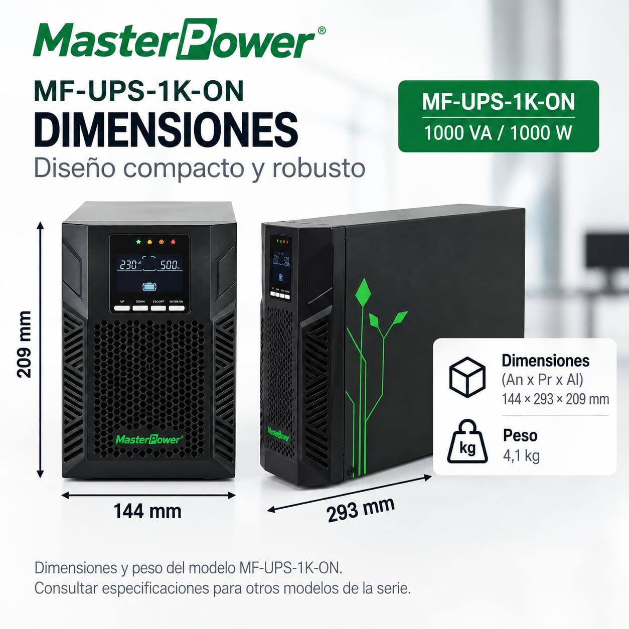 Master U-Power SAI UPS 1000VA 900W Online Doble Conversión, Onda Senoidal Pura, 2 Schuko, Baterías 2x12V 9Ah