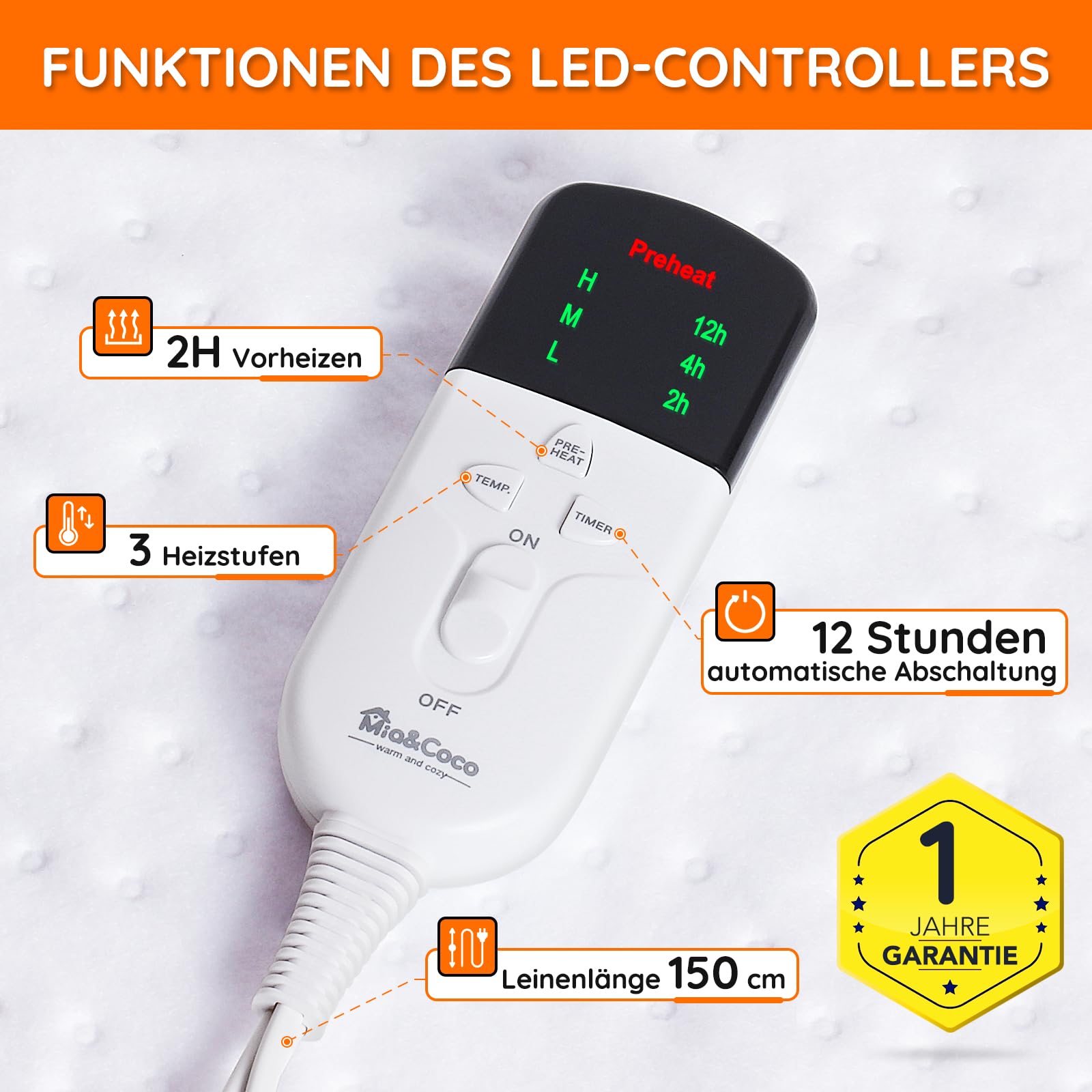 Mia&Coco Heizdecke mit Abschaltautomatik, Wärmeunterbett mit 12-Stunden-Timer und 3 Wärmestufen, LED-Anzeige, Überhitzungsschutz, Wärmedecke für Gängigen Matratzen,Maschinenwaschbar (150 x 80cm)