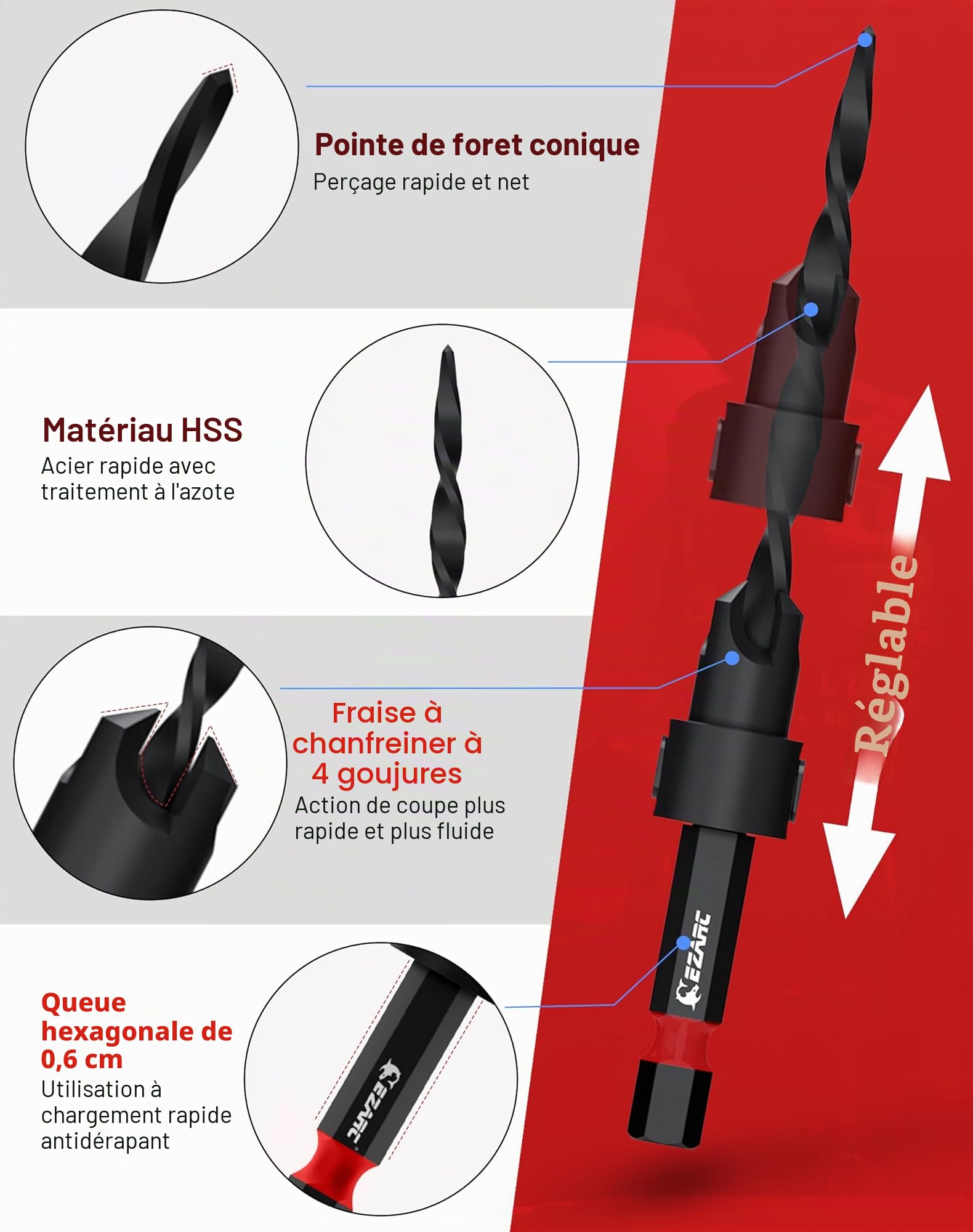EZARC Ensemble de forets coniques, 15 pièces. Avec forets et coupe-bouchons en bois. Queue hexagonale de 1/4", changement rapide. Idéal pour le bois. Boîte incluse.