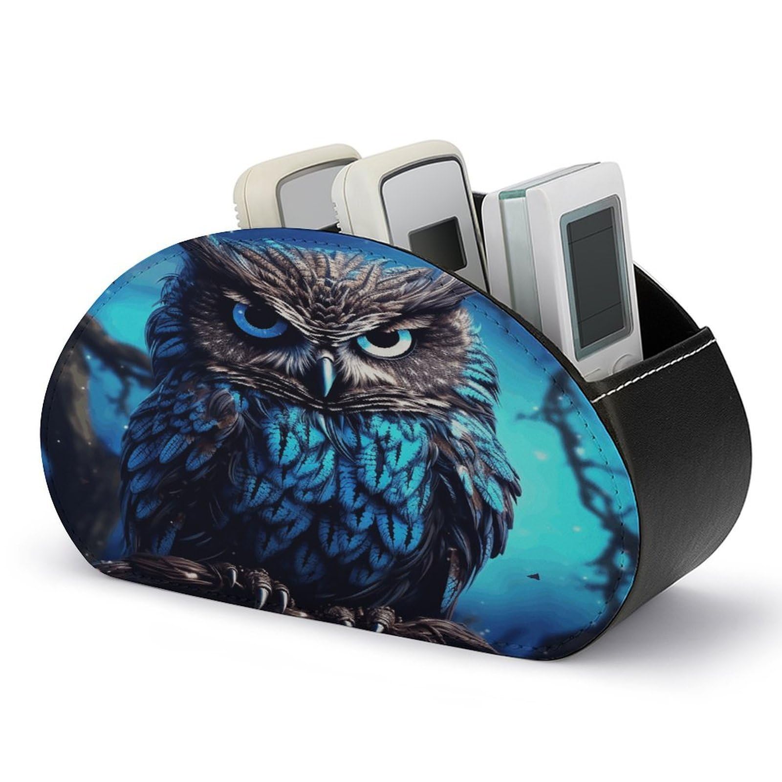 VstaDank Blue Owl Remote Control Holder Farmhouse TV Media Remote Storage Box with 5 Compartments PU Leather Remote Caddy Desktop Organizer for Home Bedside Table Organizer