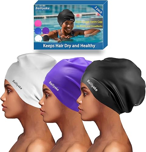 Miniatura 9 de Paquete de 3 gorros de natación extra grandes para trenzas y rastas, gorro de natación de silicona impermeable para mujeres con cabello largo