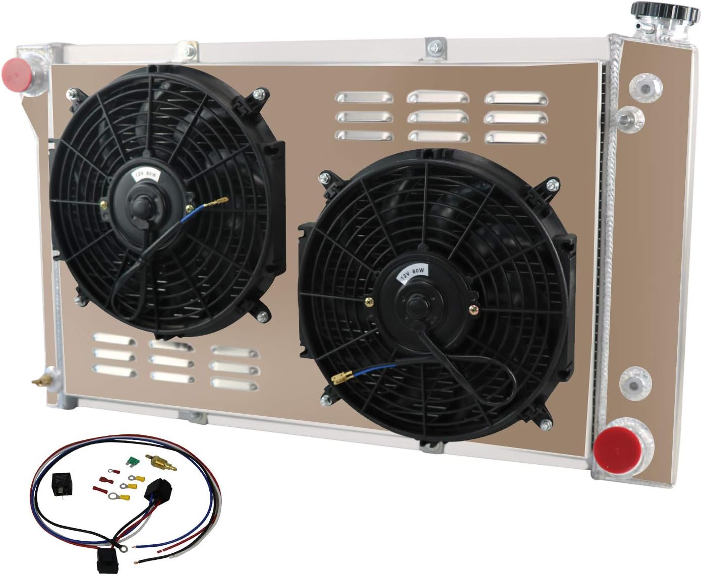 All Aluminum Radiator For 1967-72 Chevy C/G/K/P 10 20 30 series Pickup Trucks GMC C/G/K/P series 3 Row Radiators Shroud 2x12" Fans Relay Kit 1968 1969 1970 1971 1973 68 69 70 71 Radiador