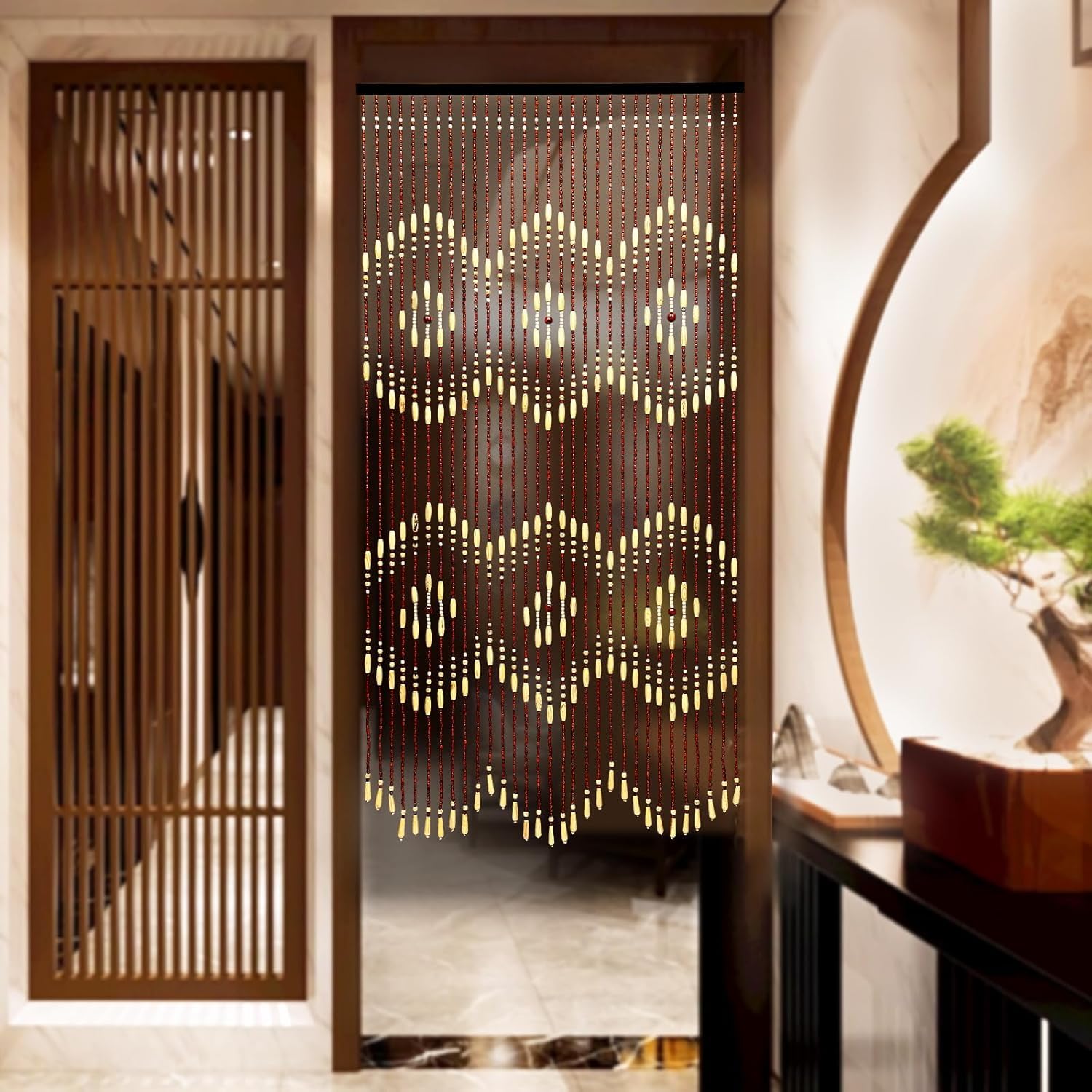 Rideau Pour Porte En Bambou 90x175cm Naturel Avec Perles En Bois Style Rétro À Fils En Bois Anti-insectes Pour Séjour Diviseur Décoratif
