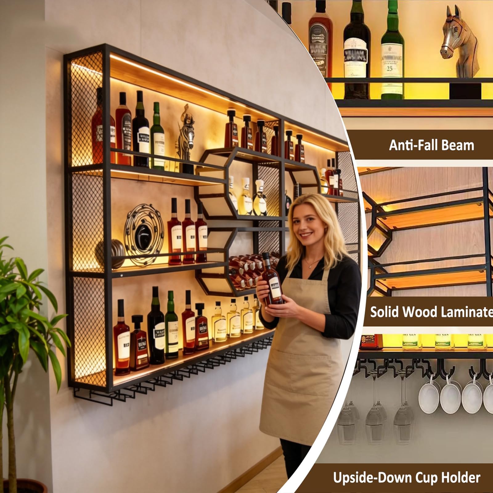 AUSKLEZU 201CMBotellero de Pared Grande con Iluminación LED, Organizador de Bar de 3 Pisos con Soporte para Copas, Soporte para Botellas de Alcohol Estilo, Decoración para Bar en Casa (Negro, 201cm) — view 3
