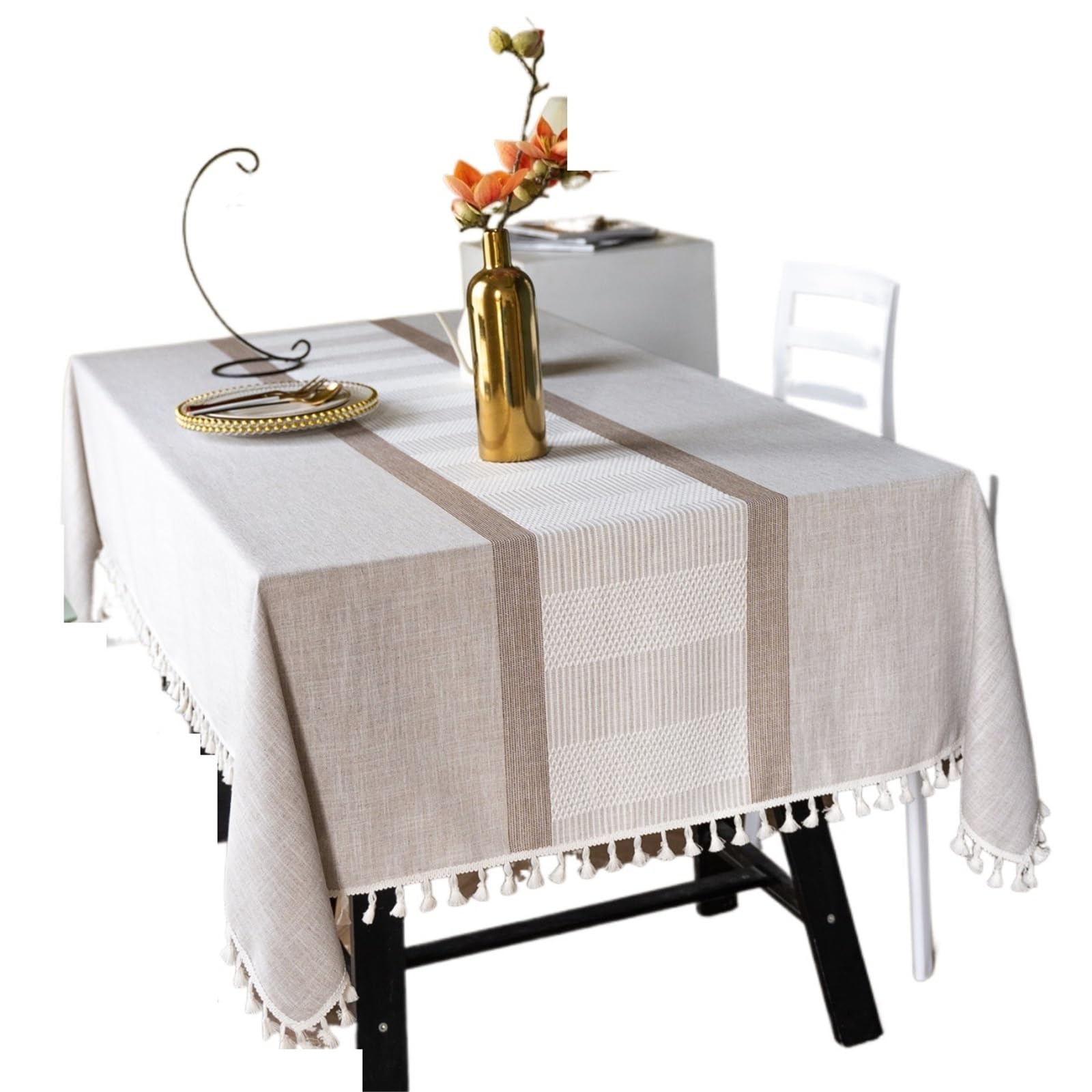 FonHNDG Striped Tablecloth Mesh Tassel Tablecloth Coffee Table Cloth Household Cotton Linen Simple Rectangular Symmetrical Striped(Khaki,140 * 180cm)
