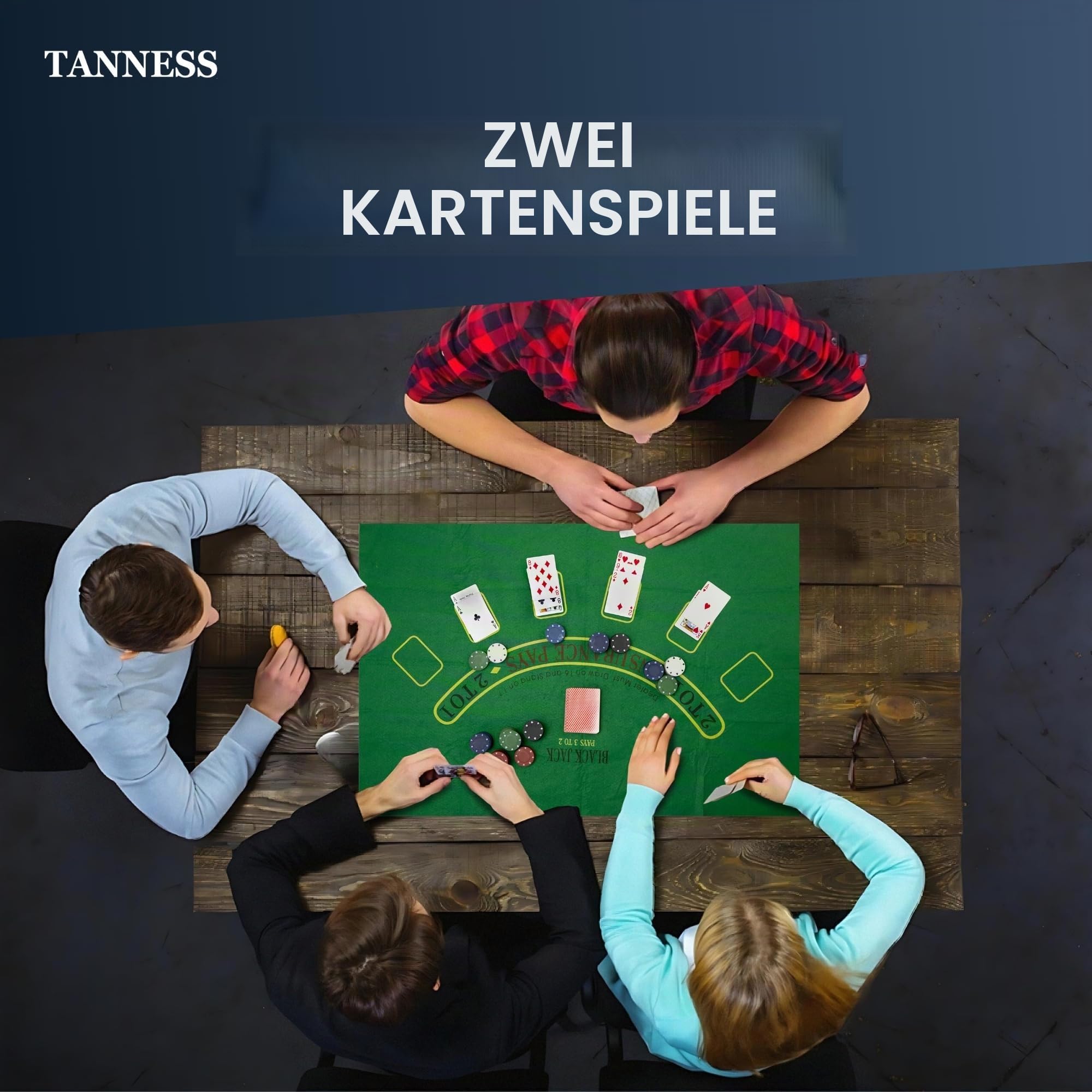 Tanness Pokerset 200 Stück Pokerkoffer mit Pokerchips, Poker Karten & Spielmatte | Casino Poker Set für Texas Hold’em & Blackjack | Poker Chips Set im Metallkoffer | Komplettes Poker Spielset