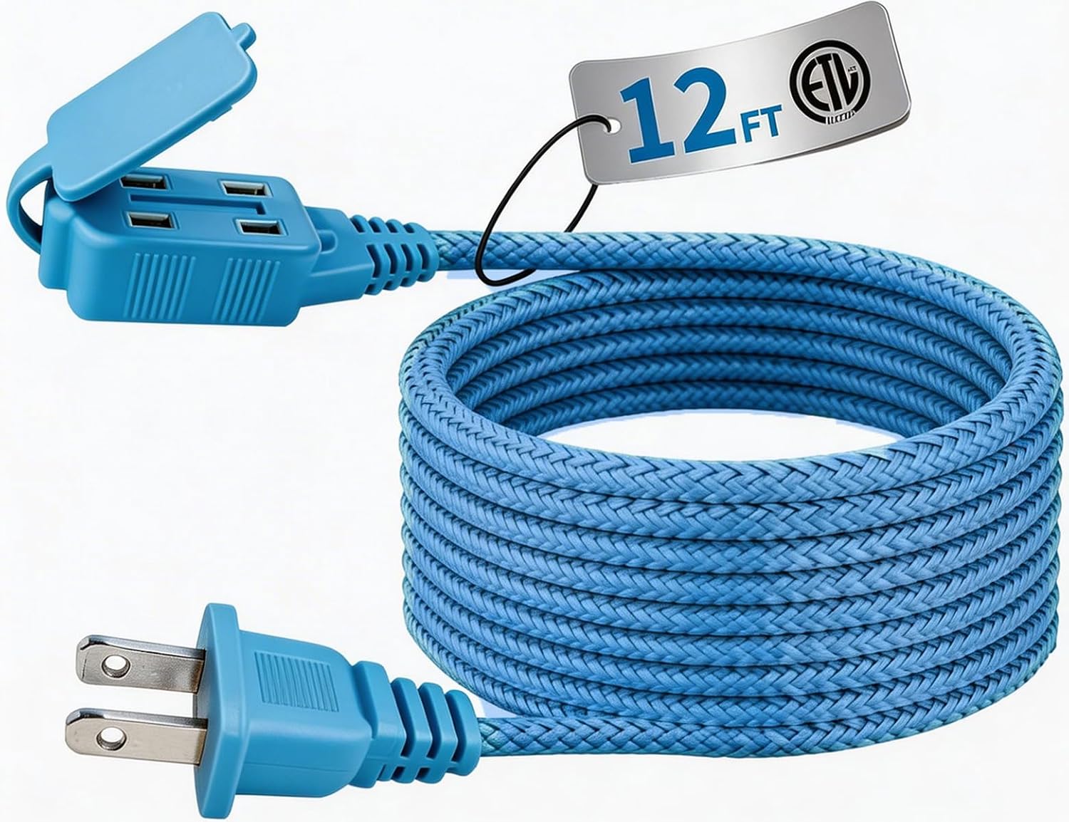 Extension Cord, 12 Ft, 3-Outlet Flat Plug, Braided Wire with Multiple Outlets, 2 Prong Extension Cord, 125V 13A 1625W Blue