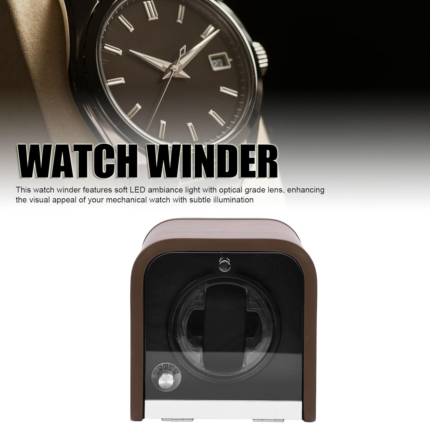 Pwshymi Automatic Mechanical Watch Winder Quiet Running Wood Box for Home LED Display for, Fiber Density Board