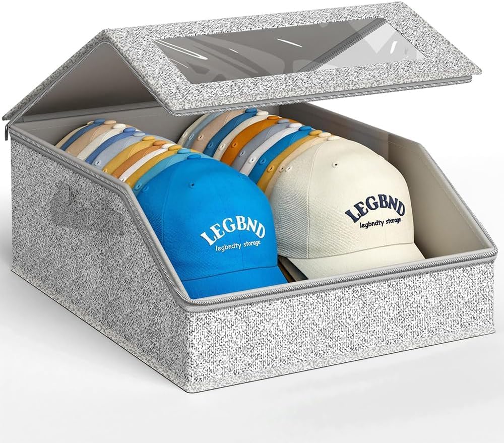 Hat Storage for Baseball Caps, Holds up to 24 Caps, Stackable Organizer, Dustproof Hat Box with Clear Window, Flip-Top Access, 2 Handles, Gray