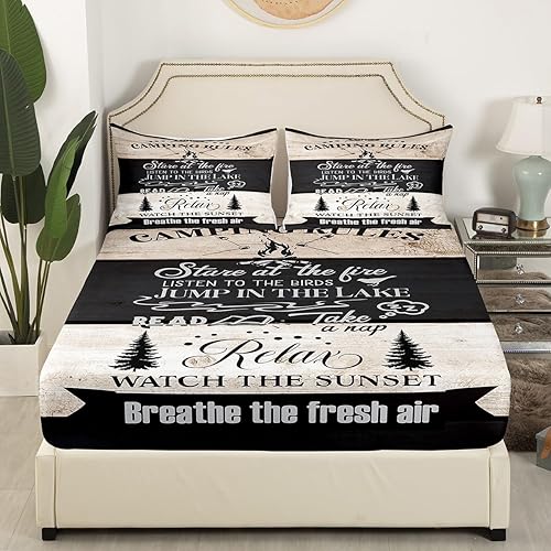 Miniatura 9 de Manfei Happy Camping Sheet Set Full Size, Camper RV Trailer Bedding Set 3pcs for Kids Boys Room Decor, Grey Wooden Board Bed Sheet Set 4pcs with