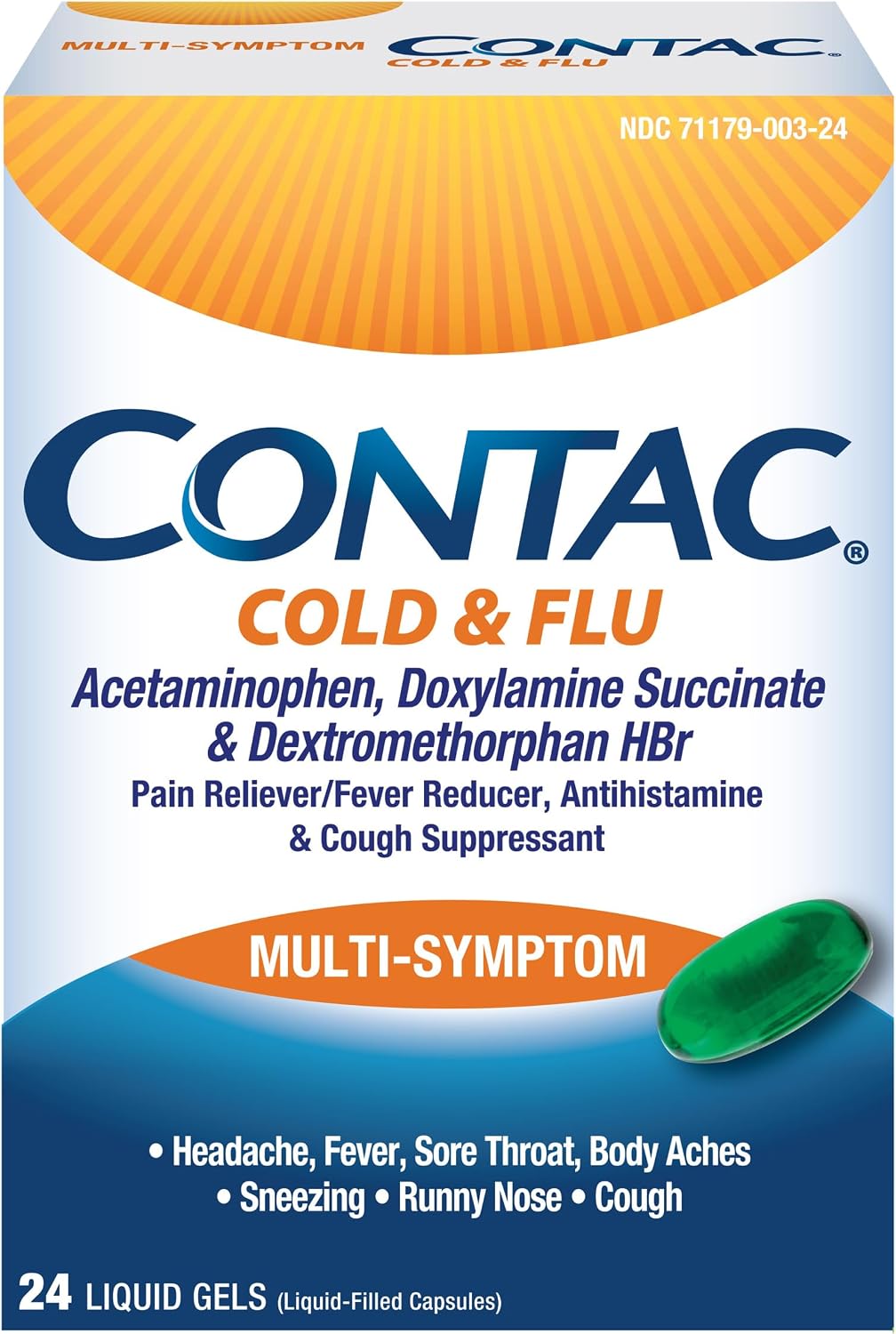 Contac Cold & Flu Medicine, Powerful, Multi-Symptom Relief for Pain, Fever, Sore Throat, Body Aches, Sneezing, Runny Nose & Cough, Flu & Cold Medicine for Adults and Kids 12+, 24 Count Liquid Gels