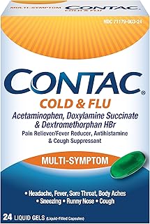 Contac Cold & Flu Medicine, Powerful, Multi-Symptom Relief for Pain, Fever, Sore Throat, Body Aches, Sneezing, Runny Nose & Cough, 24 Count Liquid Gels