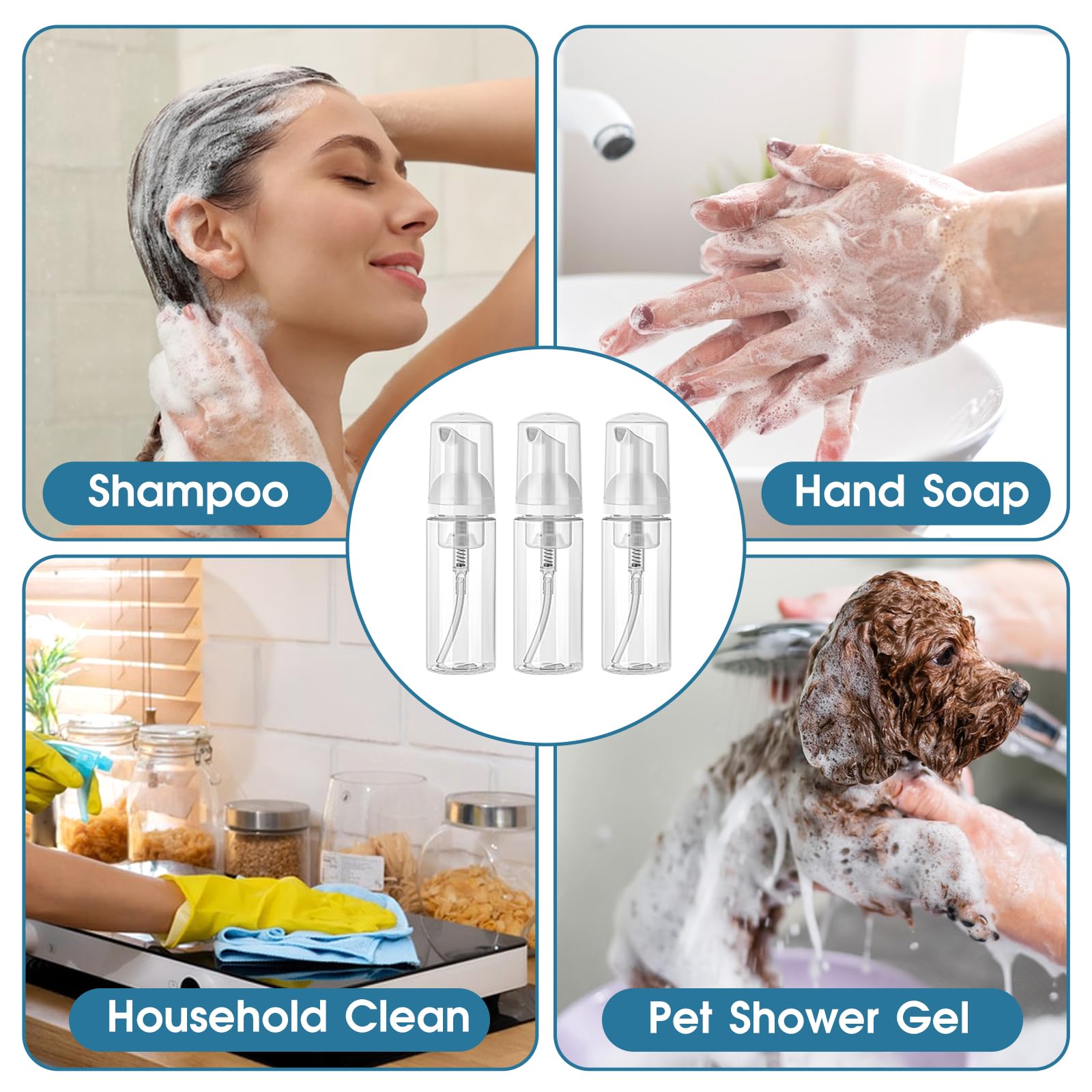 Giantree 3 dispenser di sapone in schiuma, da viaggio, di piccole dimensioni, ricaricabile, vuoto, trasparente, per sapone per mani, lavaggio viso, shampoo per ciglia, cura della pelle (60 ml/2 oz)