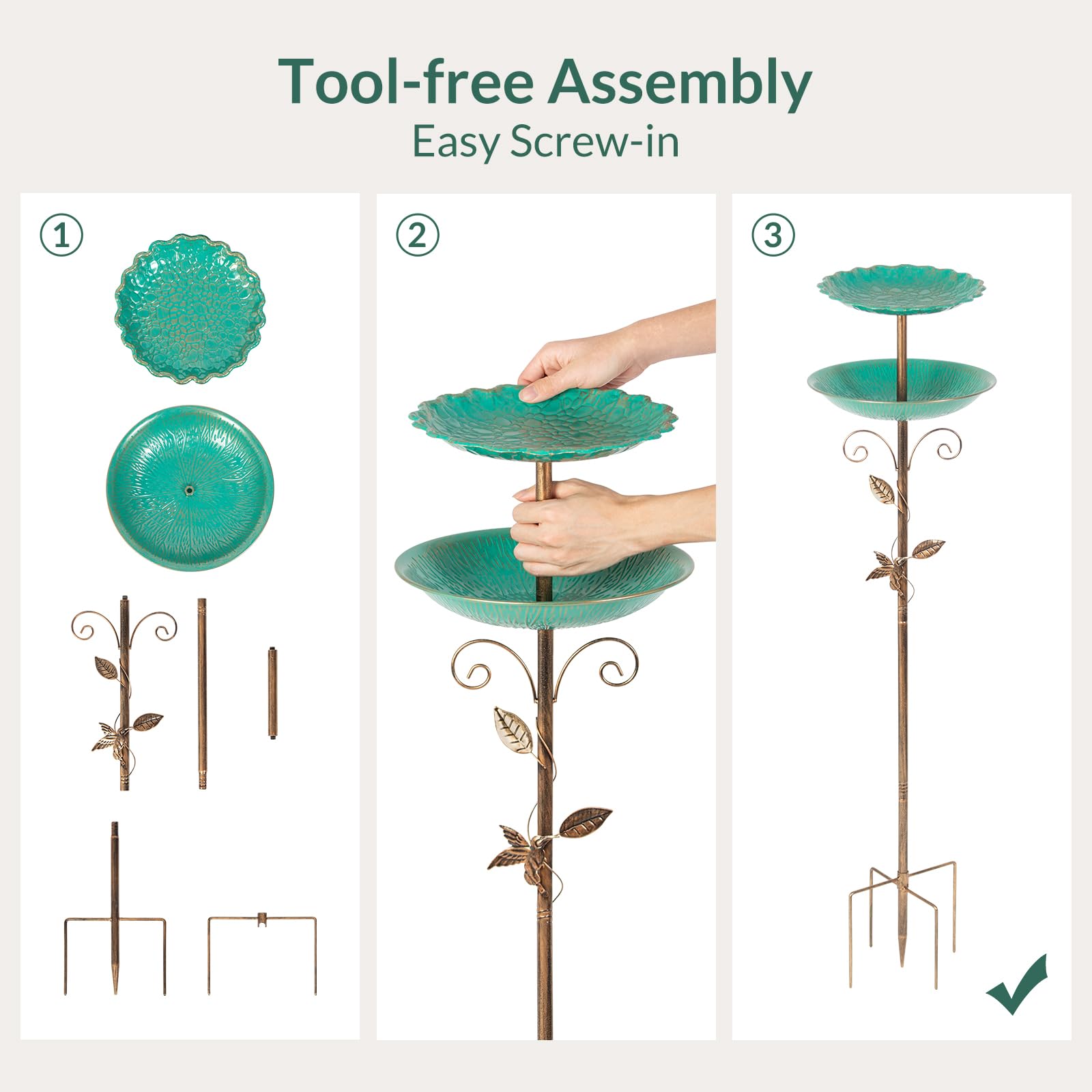 Todeco Bain d'oiseaux à Double Niveau, Mangeoire Abreuvoir 2 en 1 sur Pied | 2 Plateaux Polyvalents, Fonte Antirouille, Base à 5 Pointes, pour Jardin, Cour, Pelouse, Terrasse
