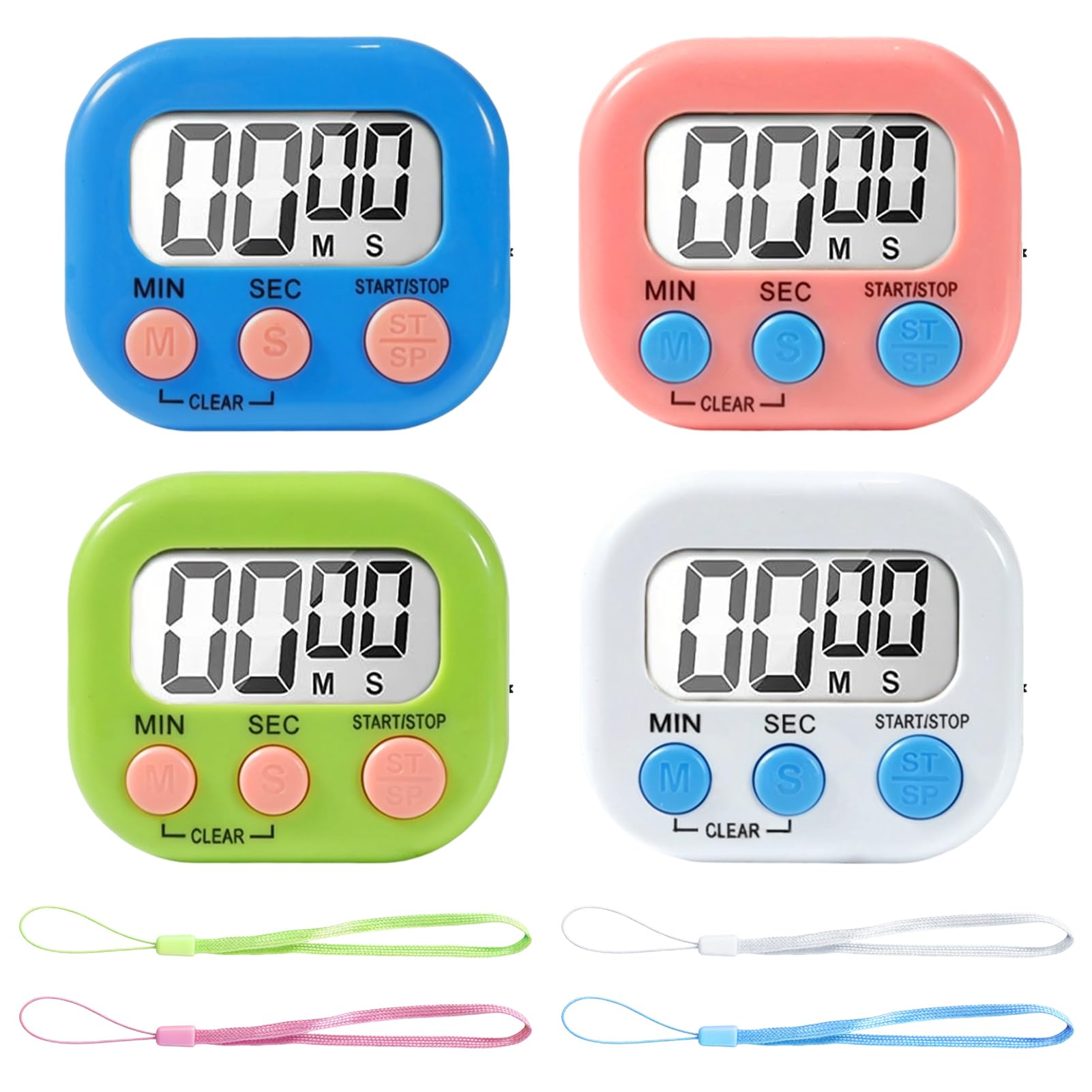 4 PCS Kitchen Timer with Lanyard, Digital Timer Countdown Stopwatch with Magnetic Back, Loud Alarm LCD Timer for Kids, Cooking, Study, Classroom, Gym (Pink, Green, Blue, White)