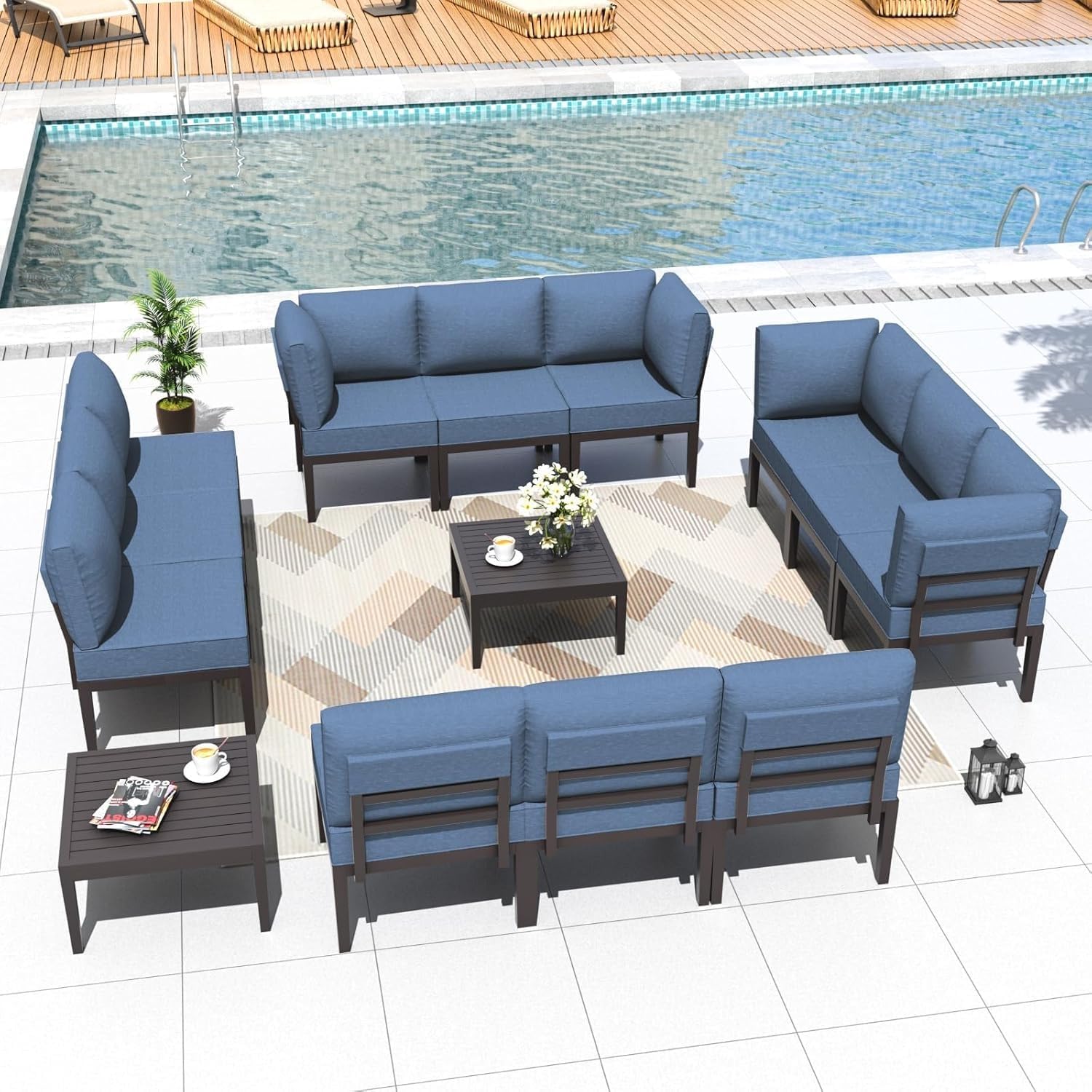 14-Piece Metal Patio Furniture Set Modern Outdoor Sectional Sofa with 5-Inch Cushions and Coffee Table, Metal Patio Conversation Sets for Backyard, Deck, Garden Lounge Seating Area(Gray)