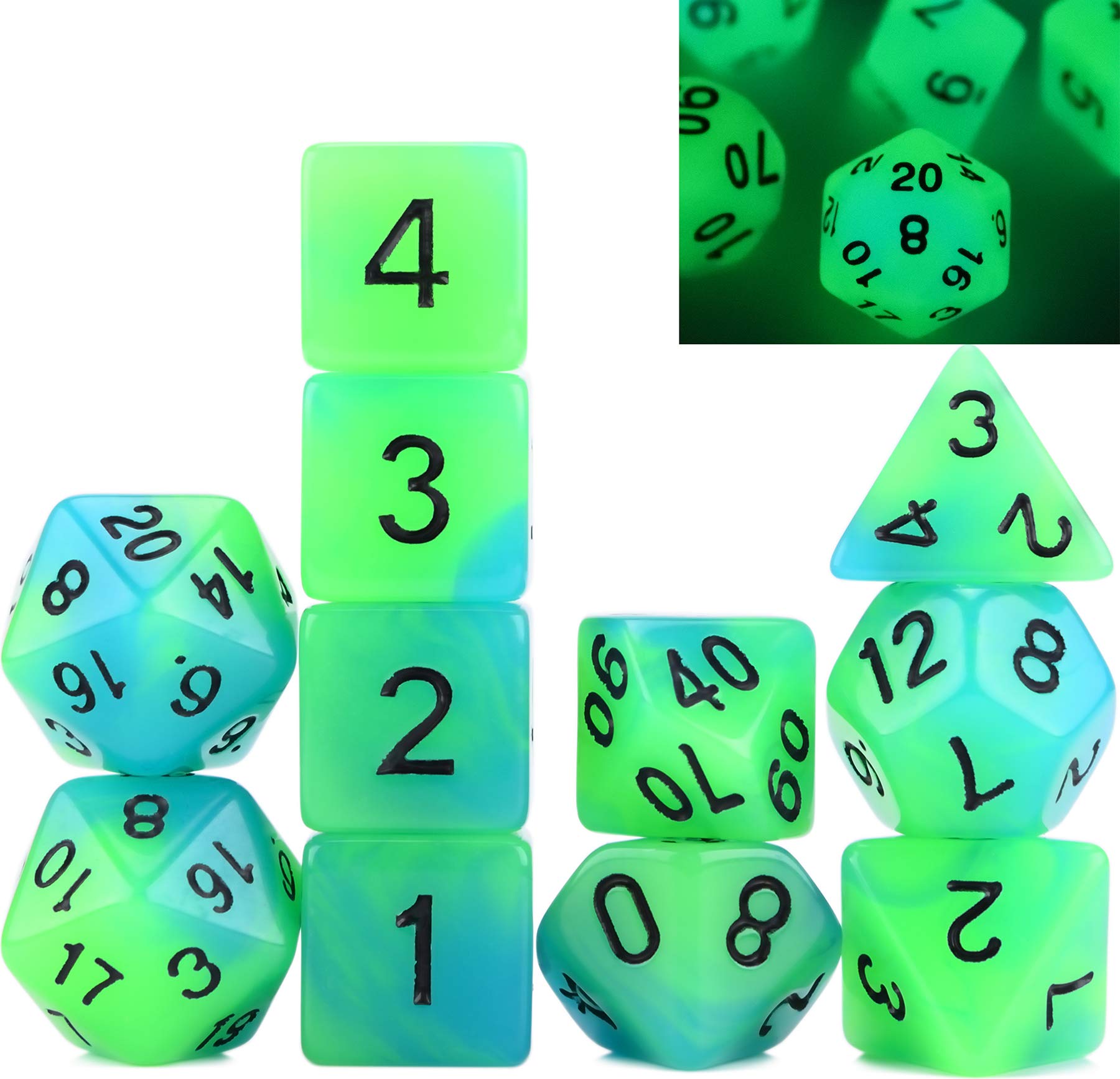 Glow in The Dark Dice 11 Piece Green Blue RPG Set with Drawstring Bag for Dungeons and Dragons 5e DND Tabletop RPGs