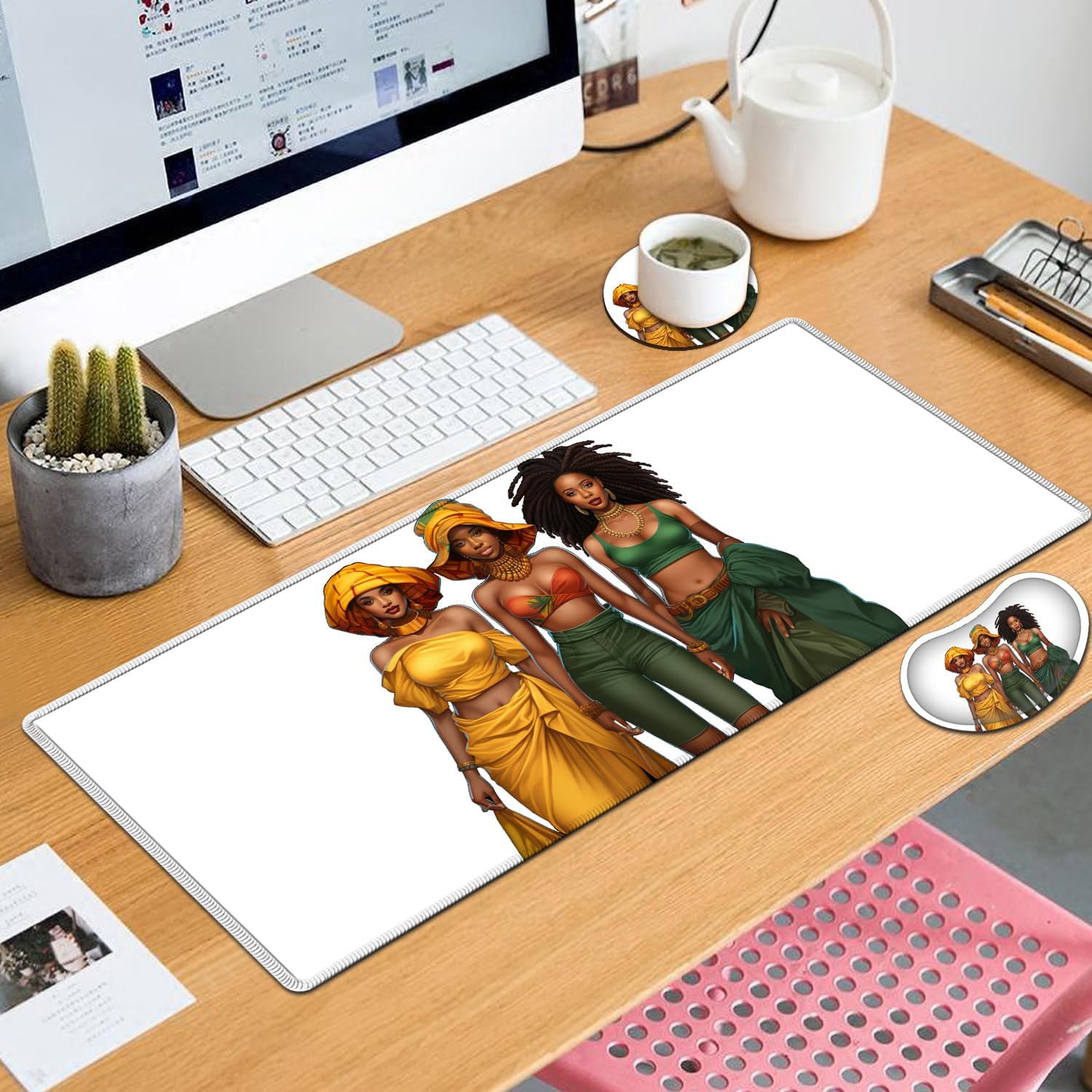 Large Mouse Pad with Mouse Wrist Rest, 31.5x11.8 in Extended Mouse Mat, Ergonomic Memory Foam Wrist Rest, for Work & Gaming Writing Pad, African American Women Black Girl Pattern White Office Desk Pad