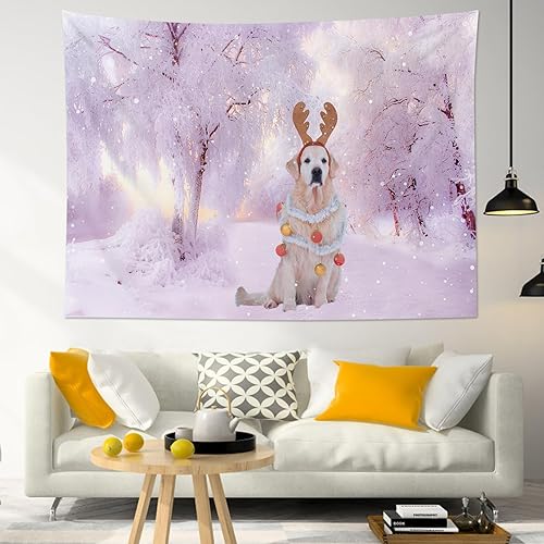 Miniatura 2 de LB Tapiz de perro de bosque de invierno, tapiz de pared cubierto de pino de Navidad con nieve rosa para dormitorio, paisaje natural morado, tapiz