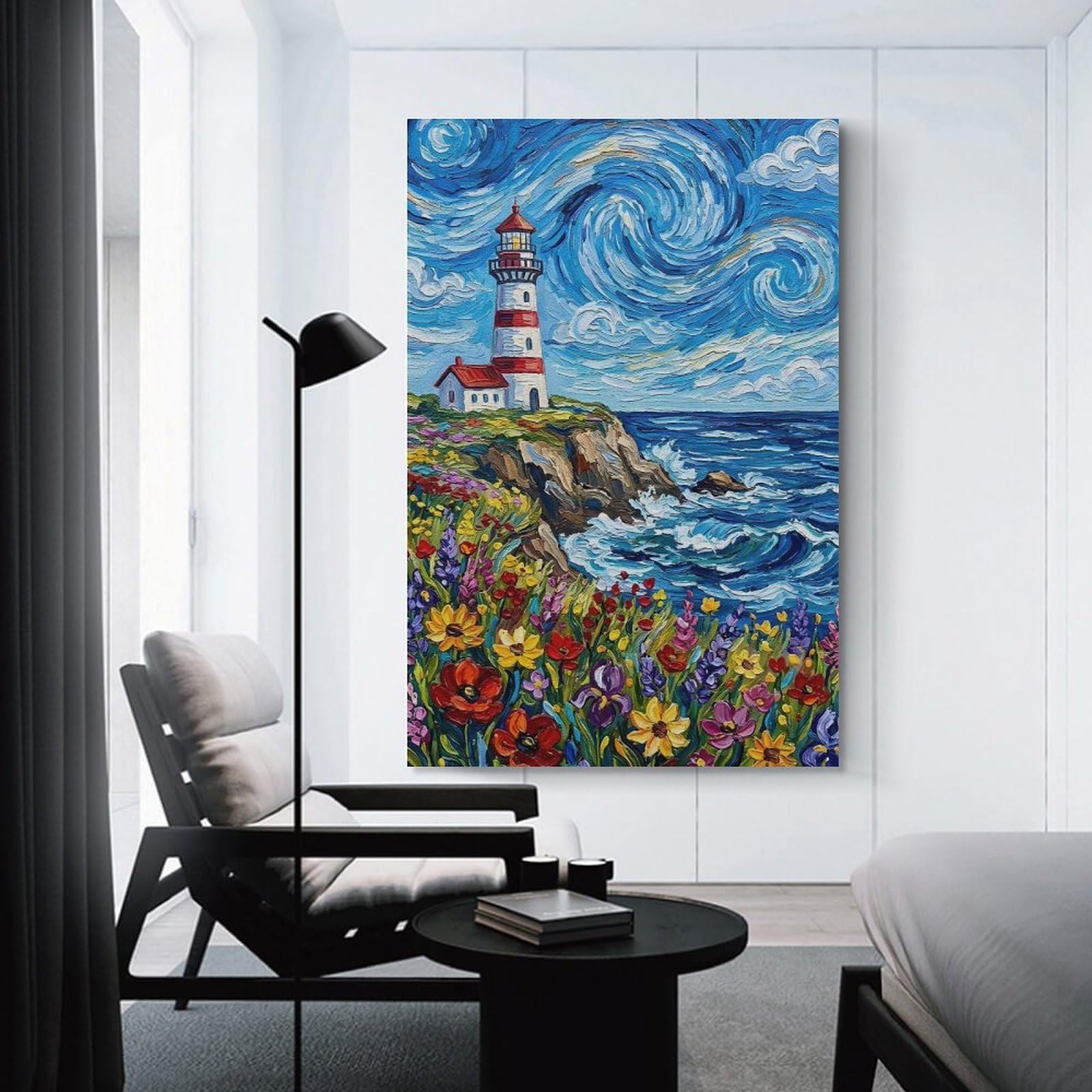 Junmoney Unframe-Style-4 Lighthouse On A Cliff With Wildflowers Wall Picture Print 24X36inch(60X90cm), For Lounge Decor, Offices Or Entryway Styling, A Flexible Wall Accent For Shared Spaces