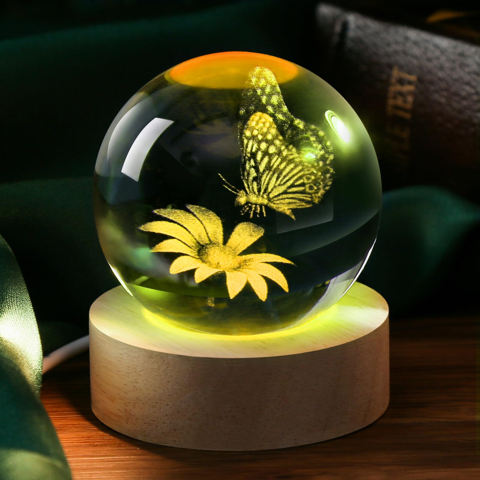 3D Butterfly Crystal Ball 60mm Gifts Ideas for Girlfriend Wife Mom Couple Her Butterfly on Sunflower in Glass Ball with Multicolor Lighting Base